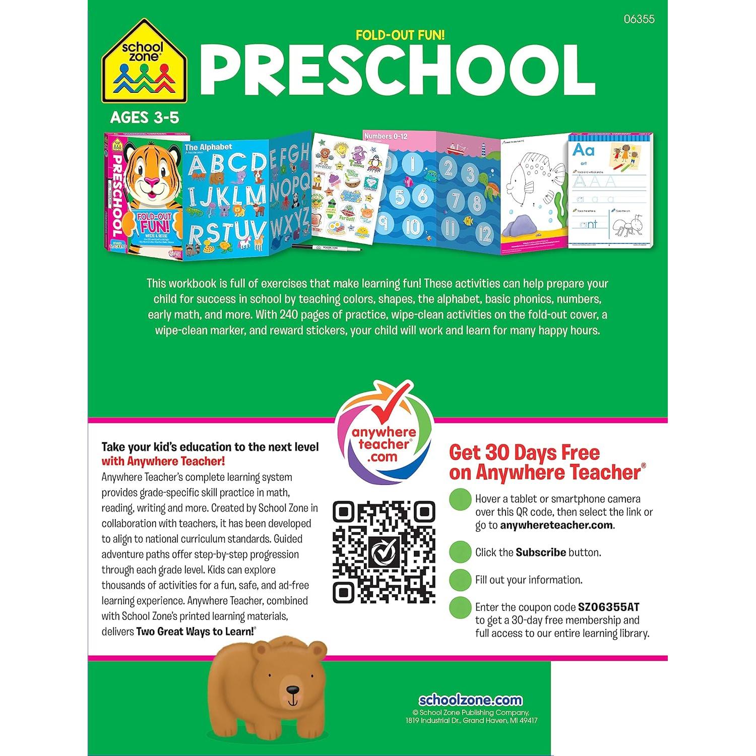 School Zone - Preschool Fold-Out Fun! Write & Reuse Workbook - 240 Pages, Ages 3 to 5, Wipe-Clean Activities, Tracing Letters & Numbers, Colors, Shapes, Counting, Early Math, Stickers, and More