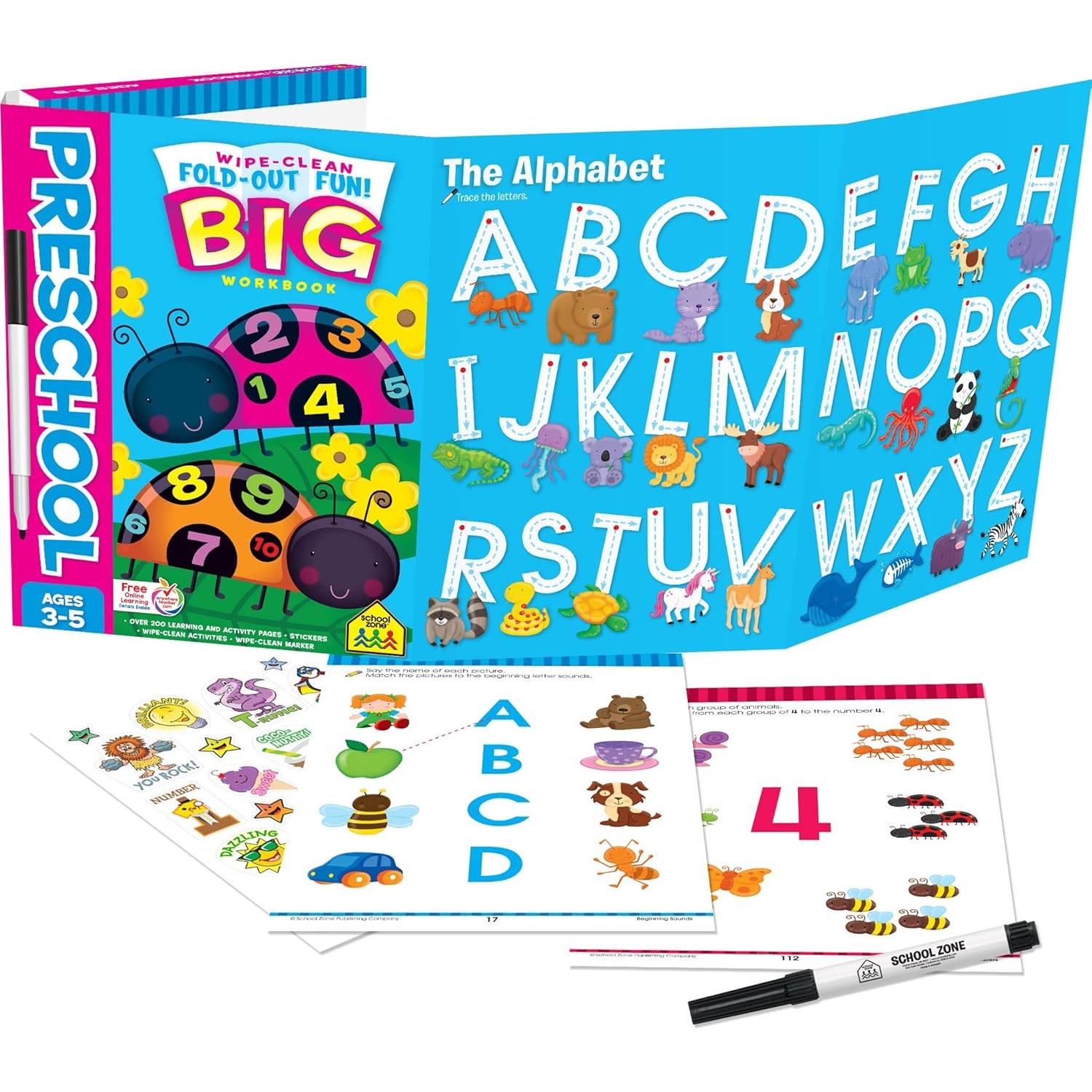 School Zone - Preschool Fold-Out Fun! Write & Reuse Workbook - 240 Pages, Ages 3 to 5, Wipe-Clean Activities, Tracing Letters & Numbers, Colors, Shapes, Counting, Early Math, Stickers, and More