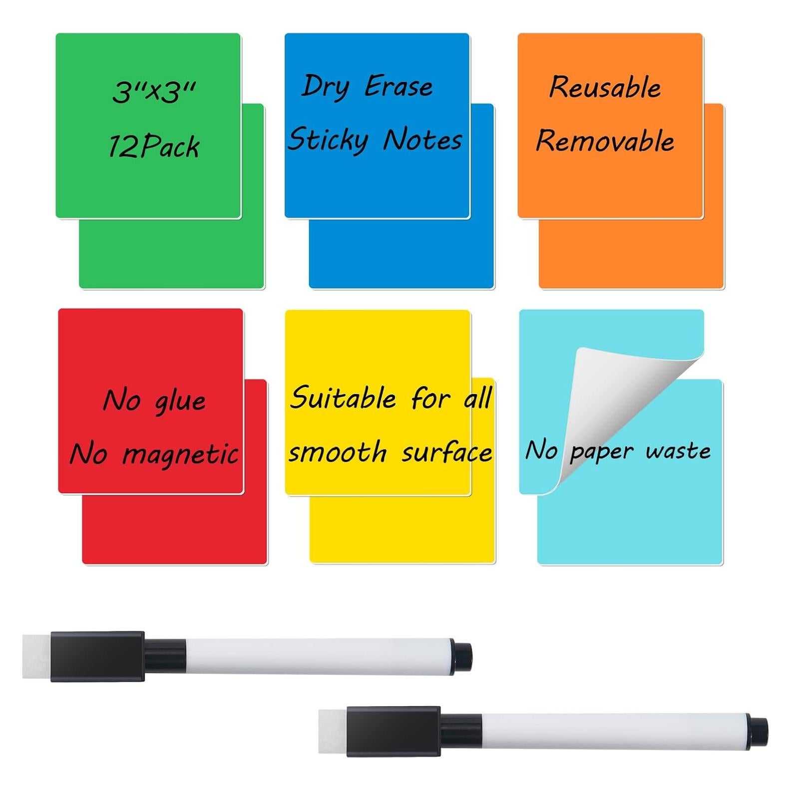 Notas Adhesivas Reutilizables Coowayze 3x3" Coloridas 12 PCS