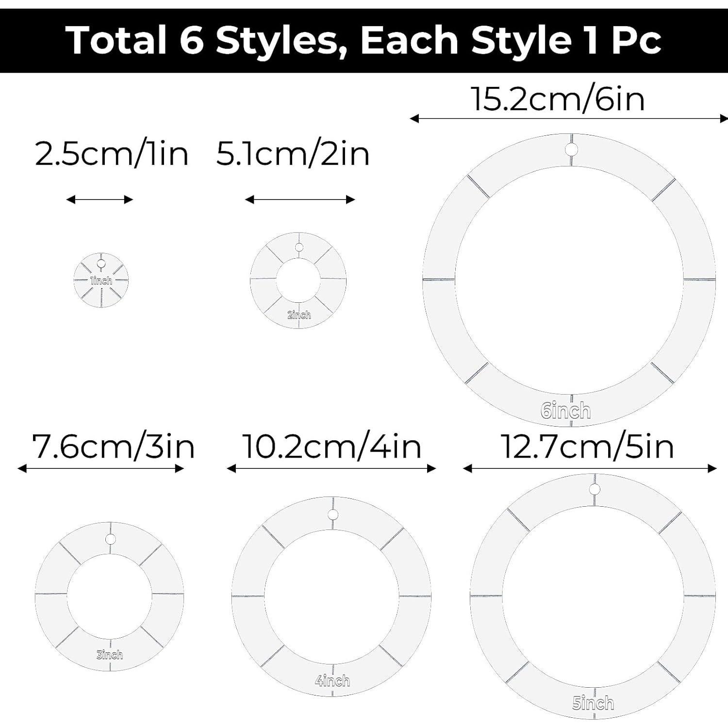 Set de 6 Plantillas Circulares Acrílico 1-6 Pulgadas para Acolchado