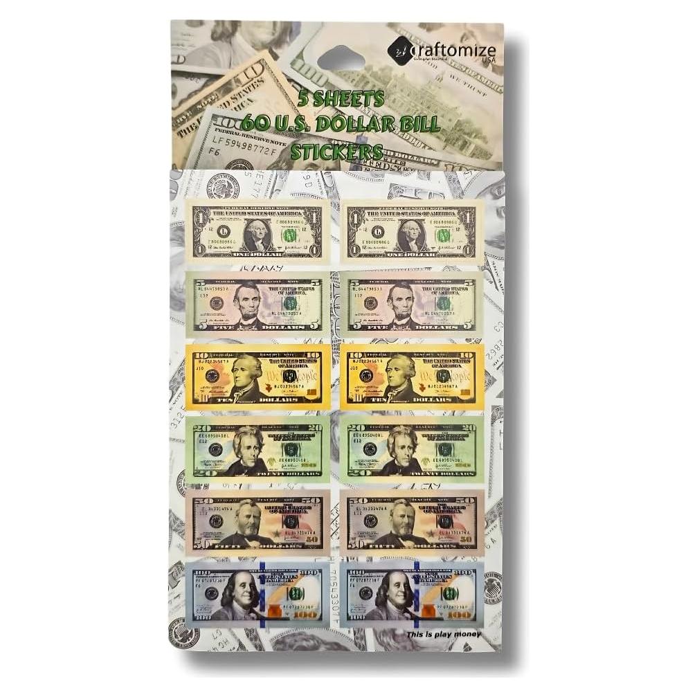 Pegatinas de Billetes de Dólar CraftomizeUSA - 60 Piezas, Vinilo Impermeable