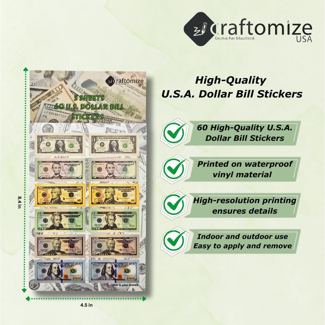 Pegatinas de Billetes de Dólar CraftomizeUSA - 60 Piezas, Vinilo Impermeable