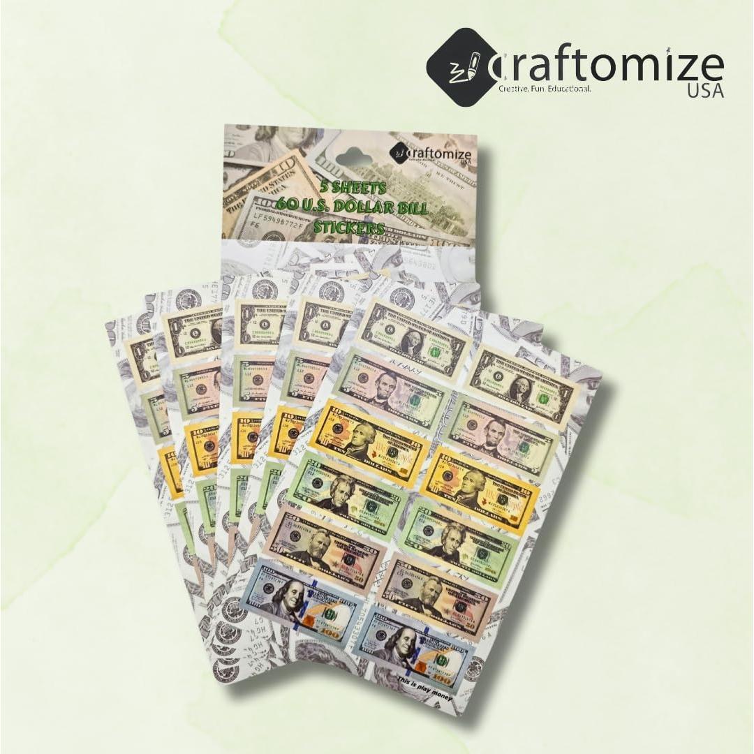 Pegatinas de Billetes de Dólar CraftomizeUSA - 60 Piezas, Vinilo Impermeable