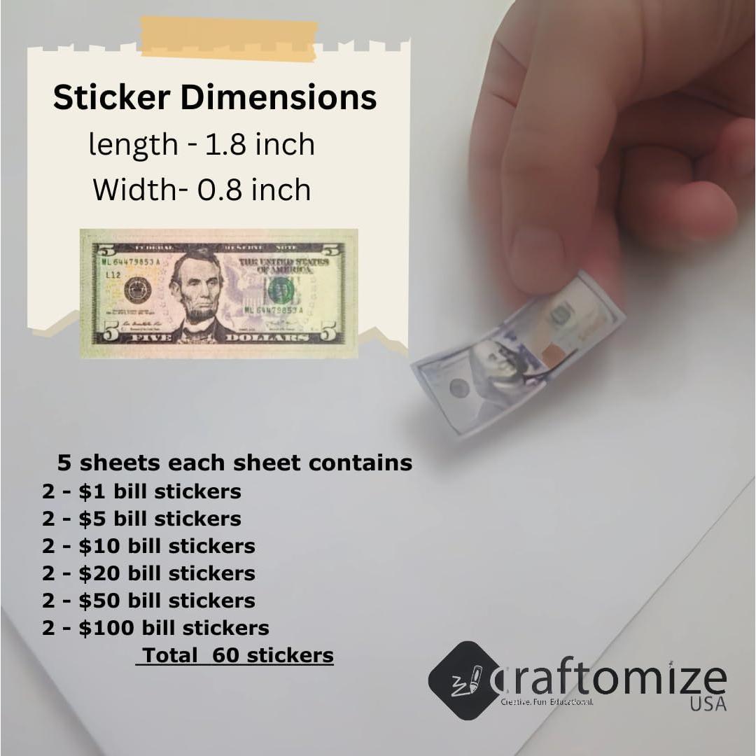 Pegatinas de Billetes de Dólar CraftomizeUSA - 60 Piezas, Vinilo Impermeable