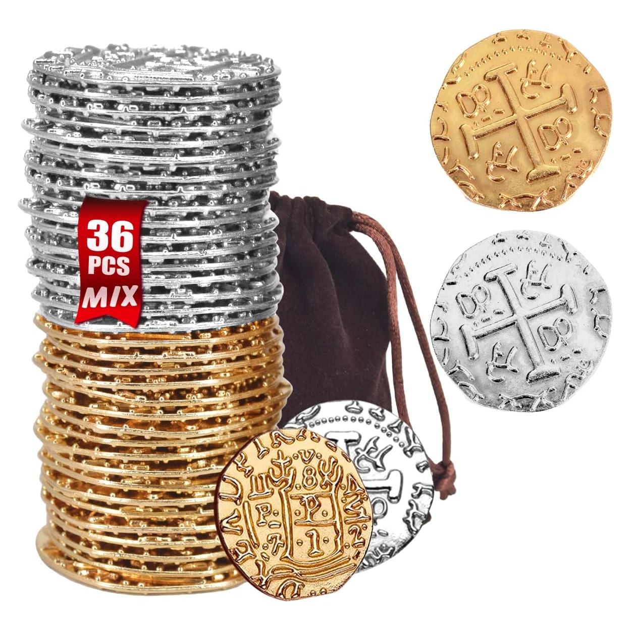Juego de Monedas Piratas de Metal - 36 Pcs Oro y Plata