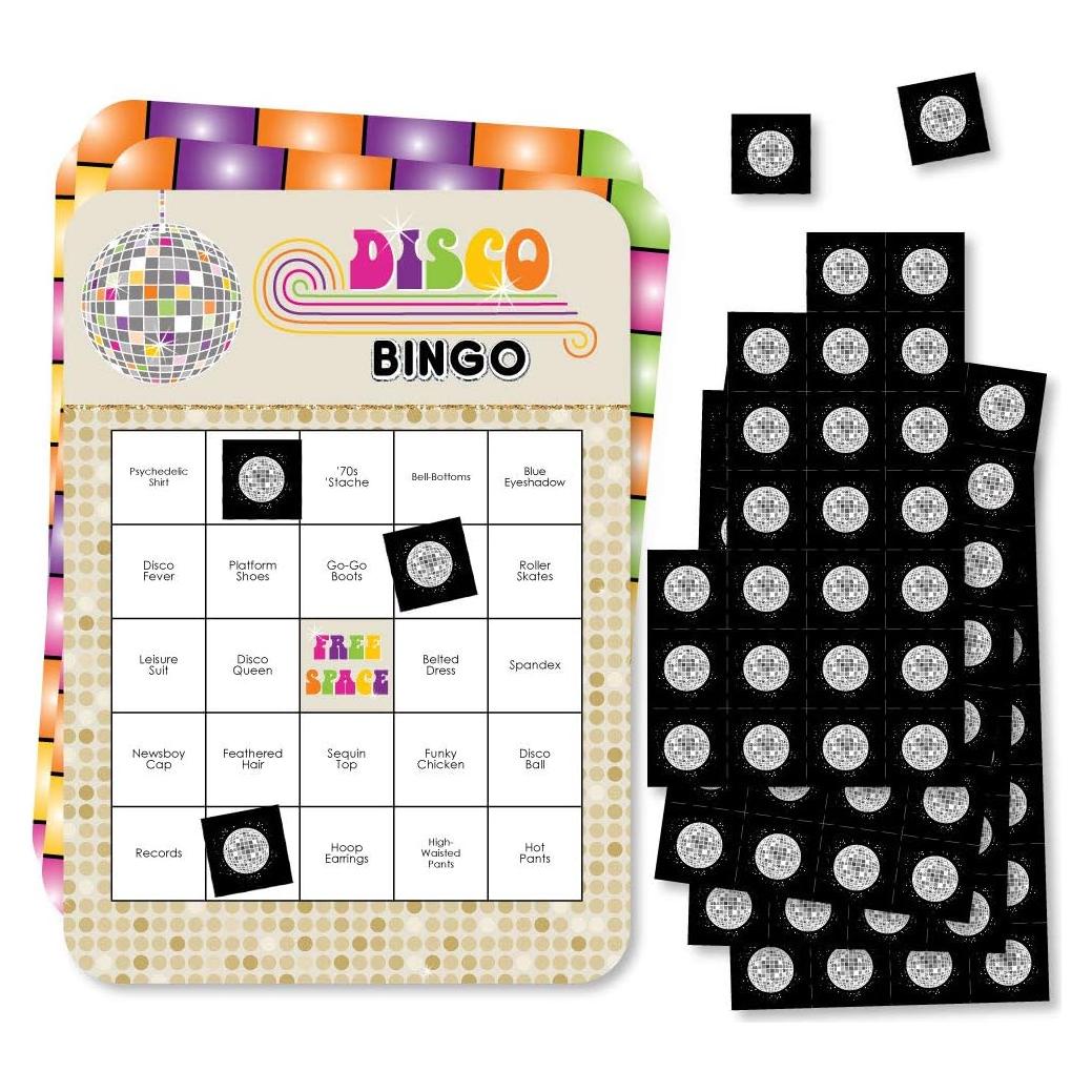 Juego de Bingo Disco 70s Punto Grande de Felicidad - 18 Tarjetas y Marcadores