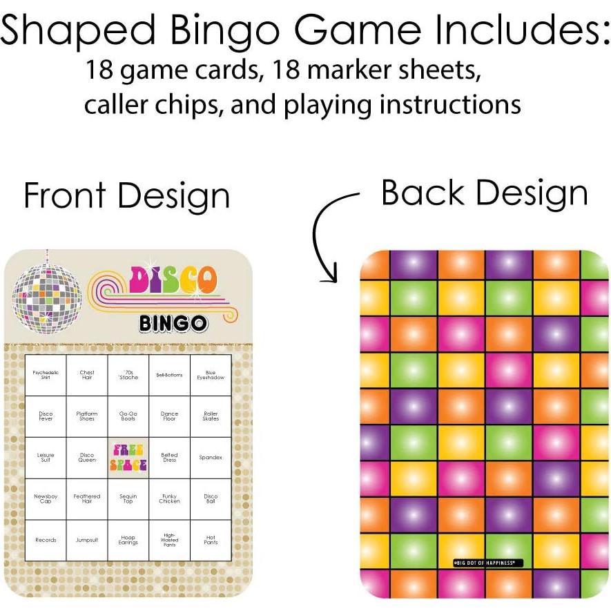 Juego de Bingo Disco 70s Punto Grande de Felicidad - 18 Tarjetas y Marcadores