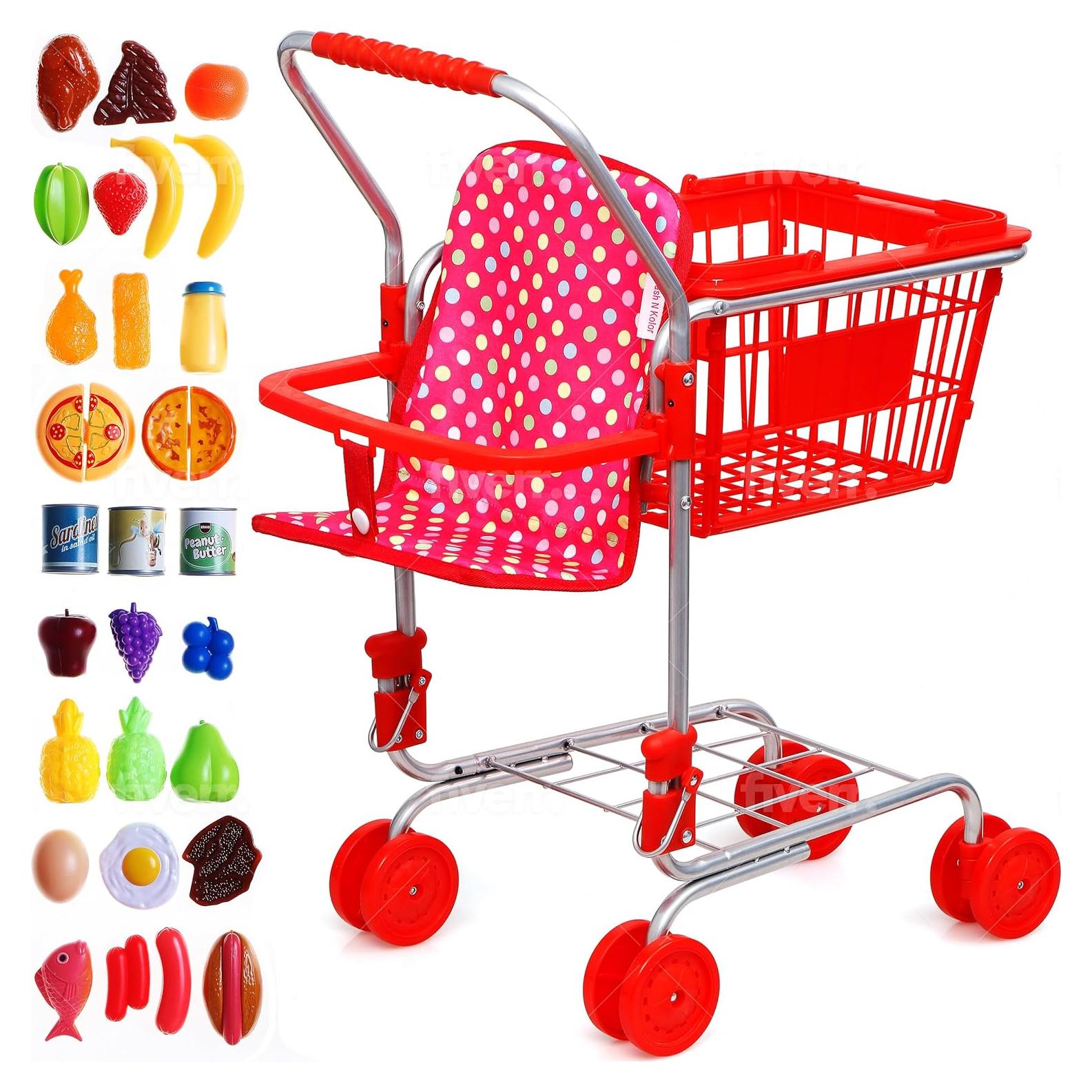 Carrito de Compras para Niños Fash n Kolor Rojo - Incluye 36 Piezas de Comida