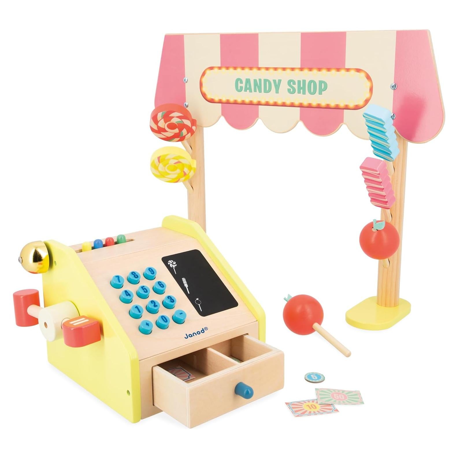 Juego de Imitación Janod Applepop - Comerciante de Dulces con Caja Registradora - 19 Accesorios - Juguete de Madera para Niños de 3 a 8 Años