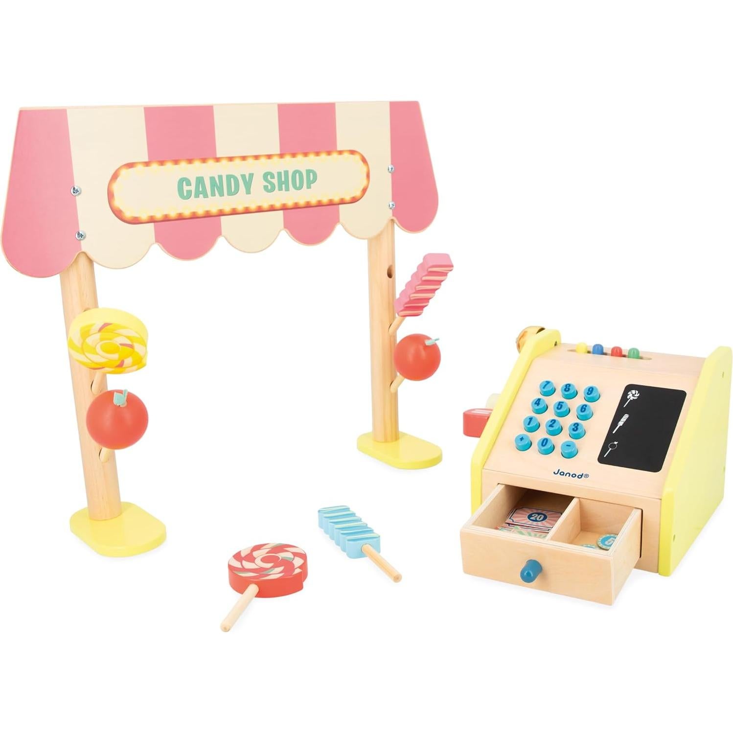 Juego de Imitación Janod Applepop - Comerciante de Dulces con Caja Registradora - 19 Accesorios - Juguete de Madera para Niños de 3 a 8 Años