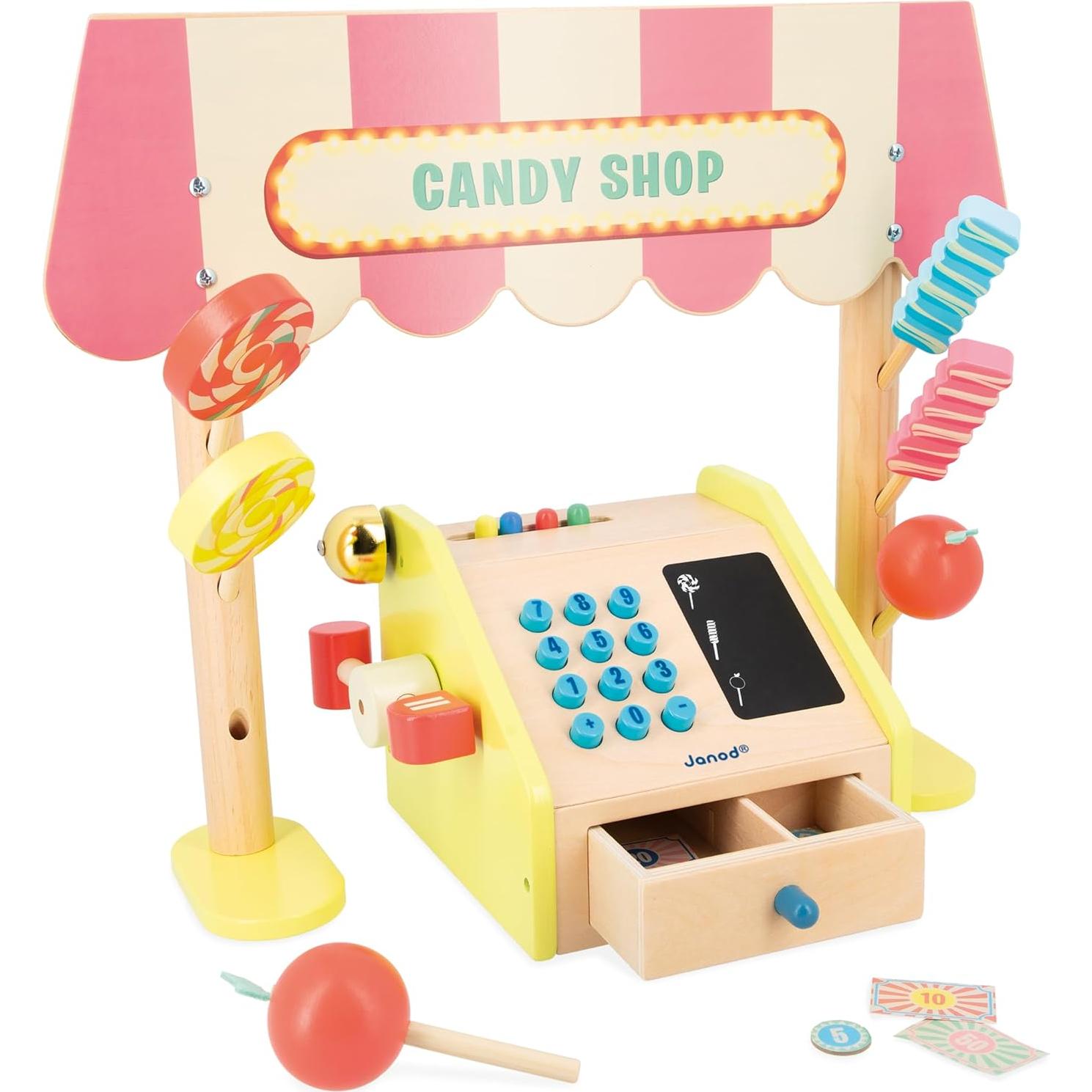Juego de Imitación Janod Applepop - Comerciante de Dulces con Caja Registradora - 19 Accesorios - Juguete de Madera para Niños de 3 a 8 Años