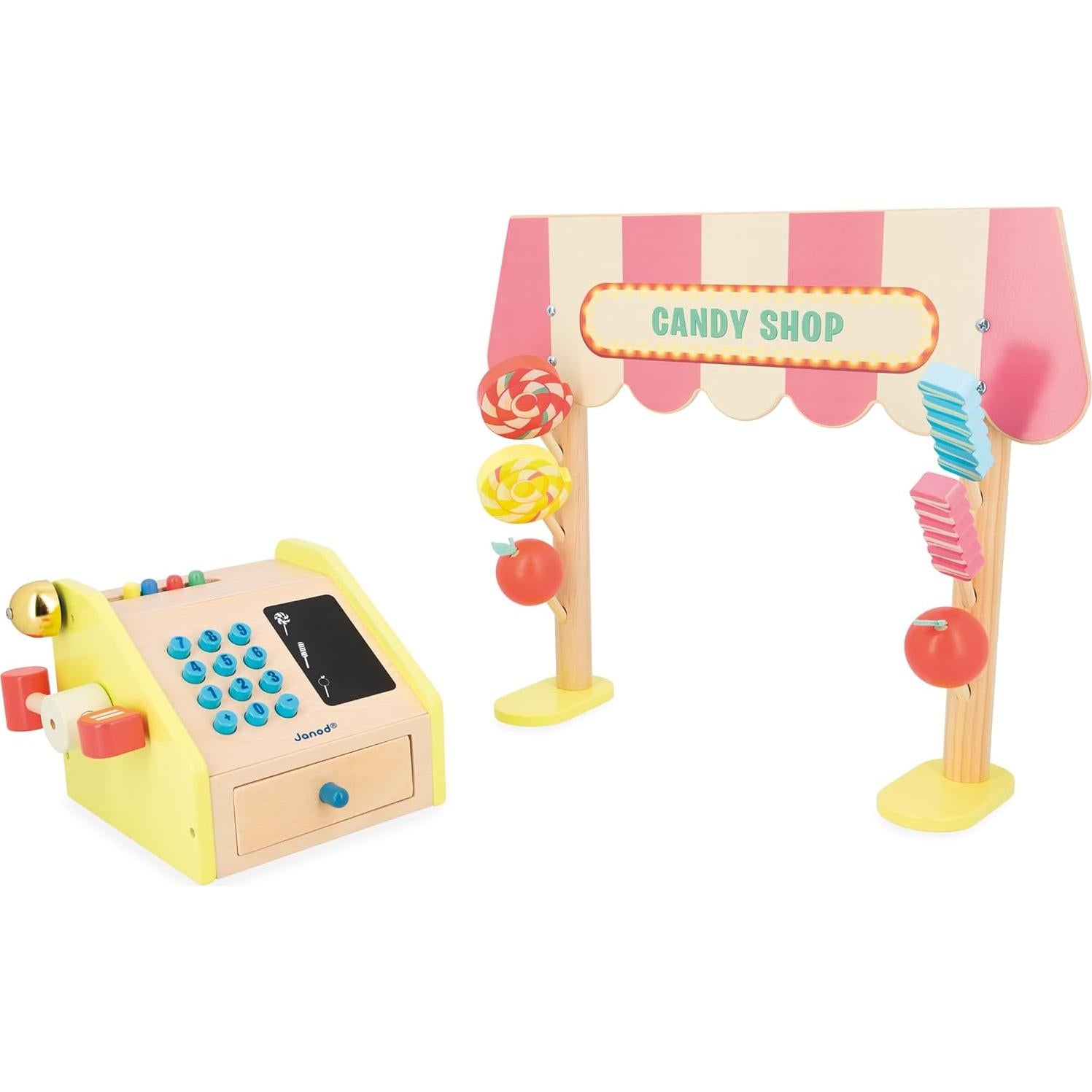 Juego de Imitación Janod Applepop - Comerciante de Dulces con Caja Registradora - 19 Accesorios - Juguete de Madera para Niños de 3 a 8 Años