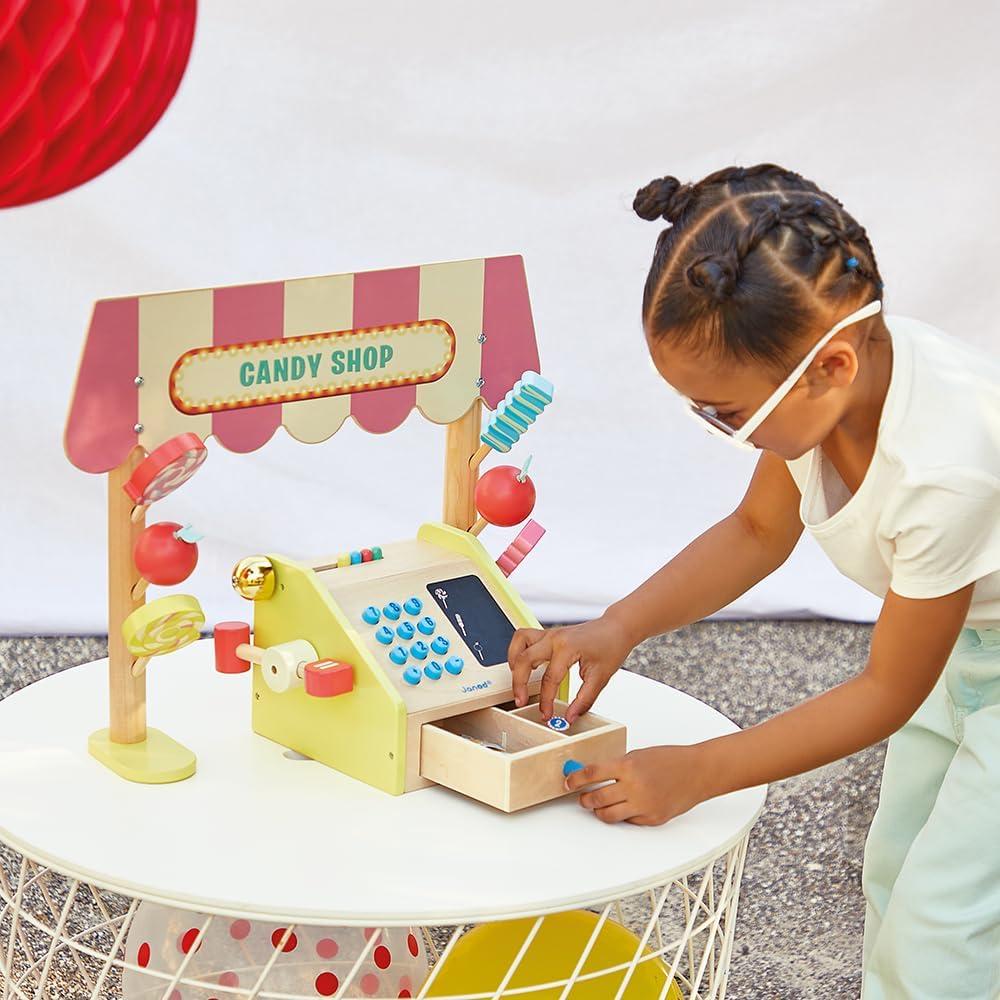 Juego de Imitación Janod Applepop - Comerciante de Dulces con Caja Registradora - 19 Accesorios - Juguete de Madera para Niños de 3 a 8 Años