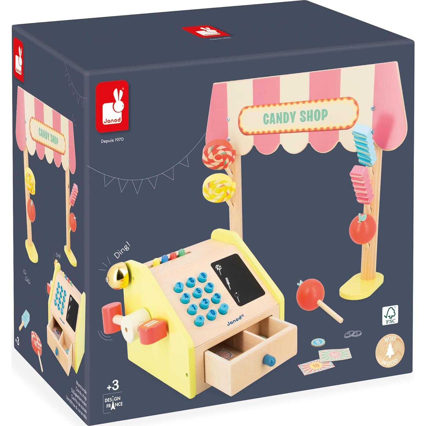 Juego de Imitación Janod Applepop - Comerciante de Dulces con Caja Registradora - 19 Accesorios - Juguete de Madera para Niños de 3 a 8 Años