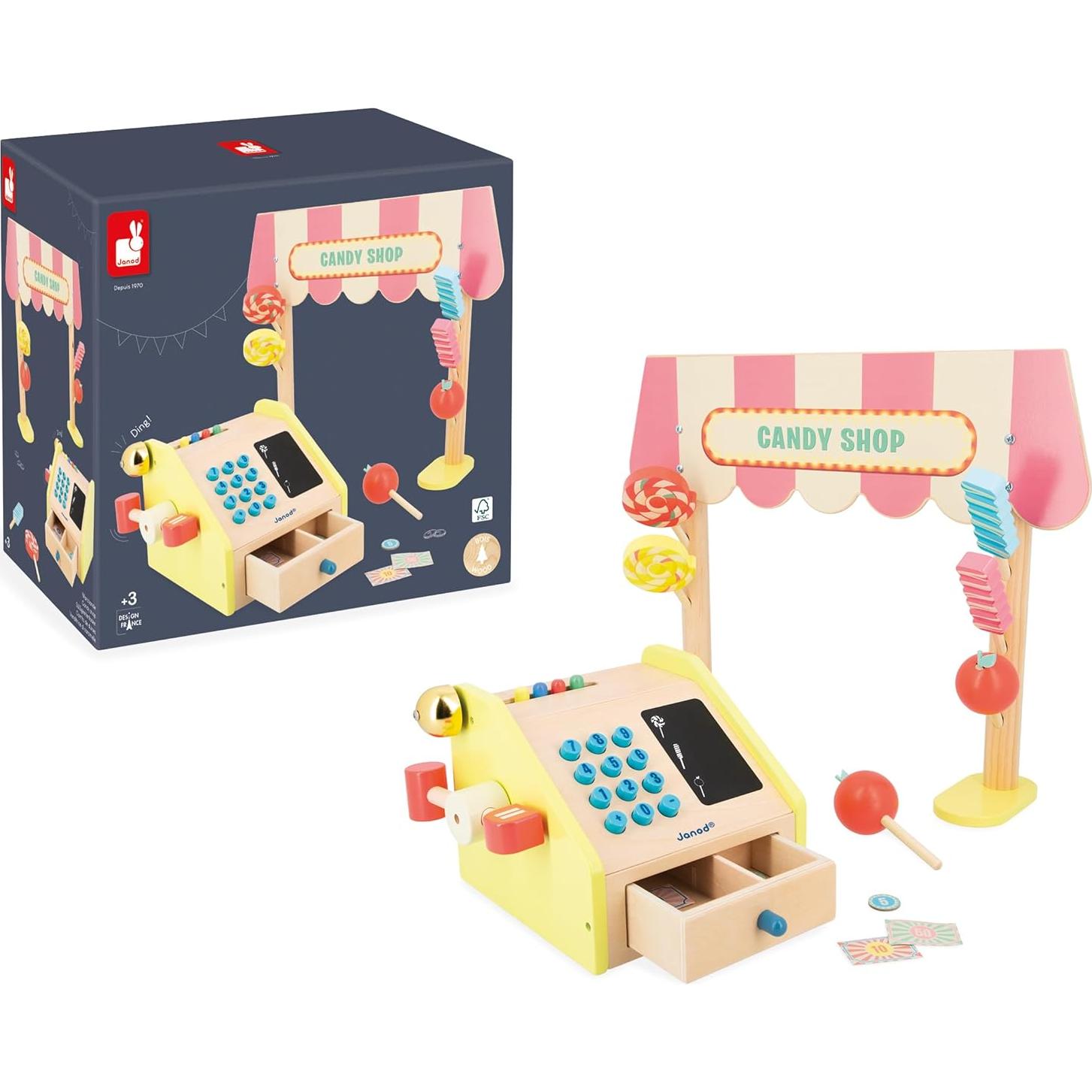 Juego de Imitación Janod Applepop - Comerciante de Dulces con Caja Registradora - 19 Accesorios - Juguete de Madera para Niños de 3 a 8 Años