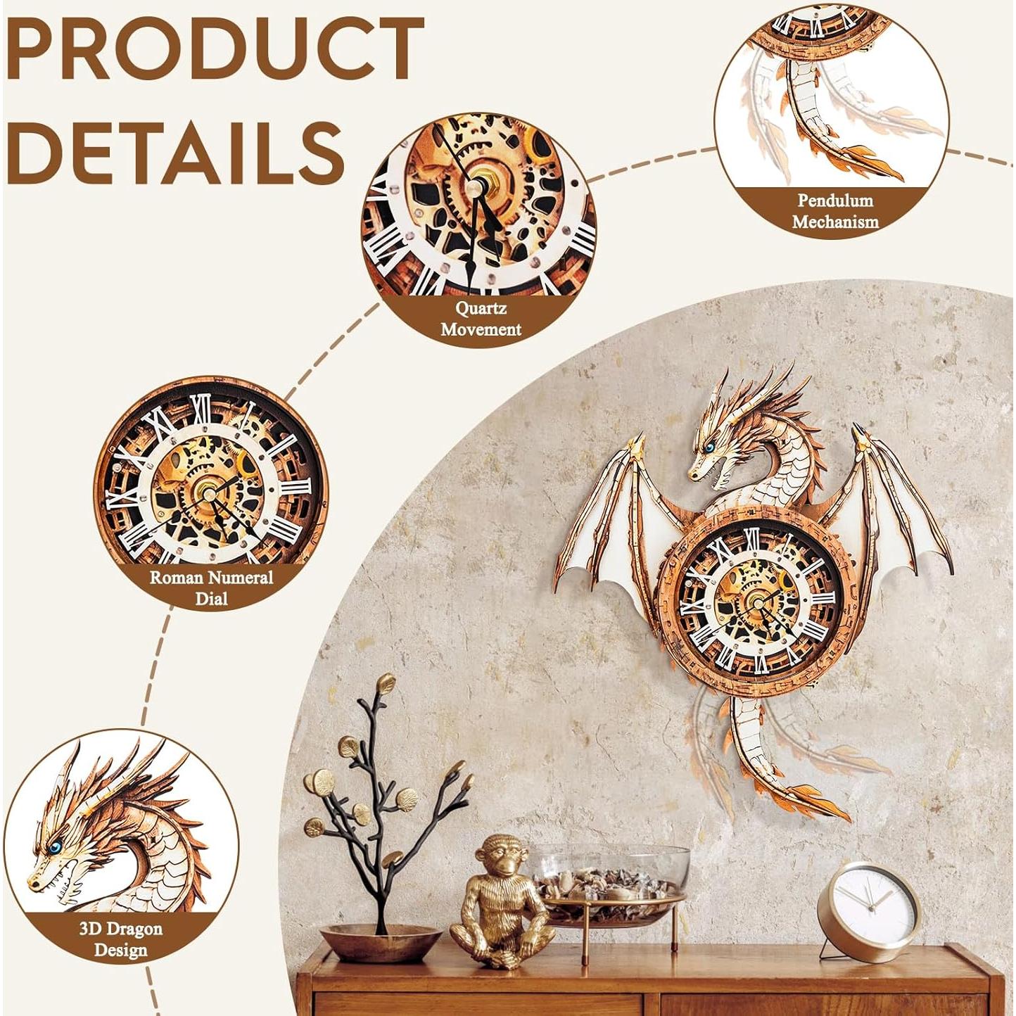 Rompecabezas 3D Cutywood Reloj Péndulo Dragón Madera 33x37cm