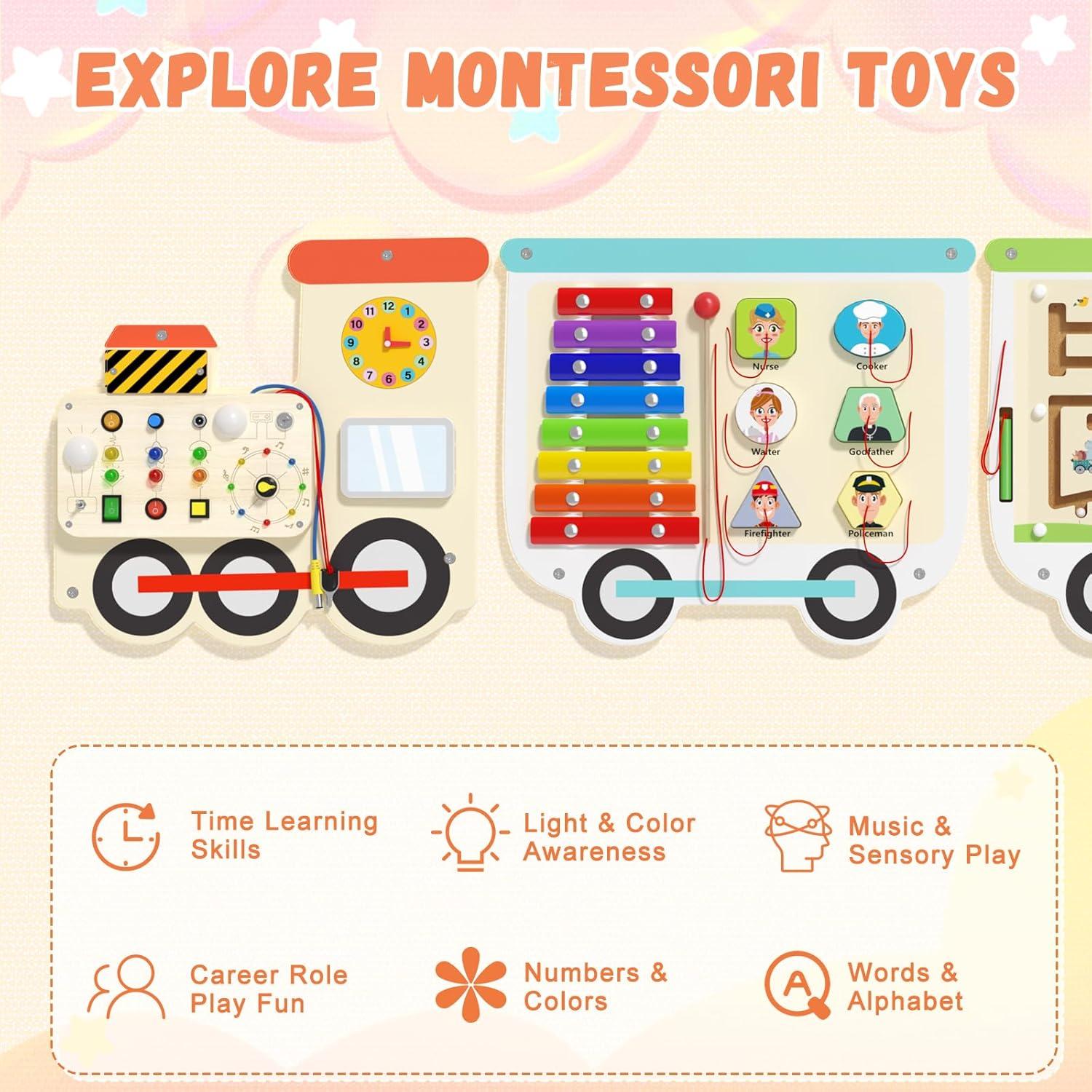 Tablero Sensorial Montessori Spacocld con Tren Eléctrico 133.6x31 cm