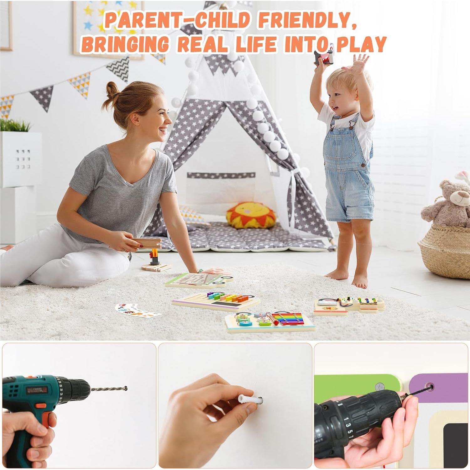 Tablero Sensorial Montessori Spacocld con Tren Eléctrico 133.6x31 cm