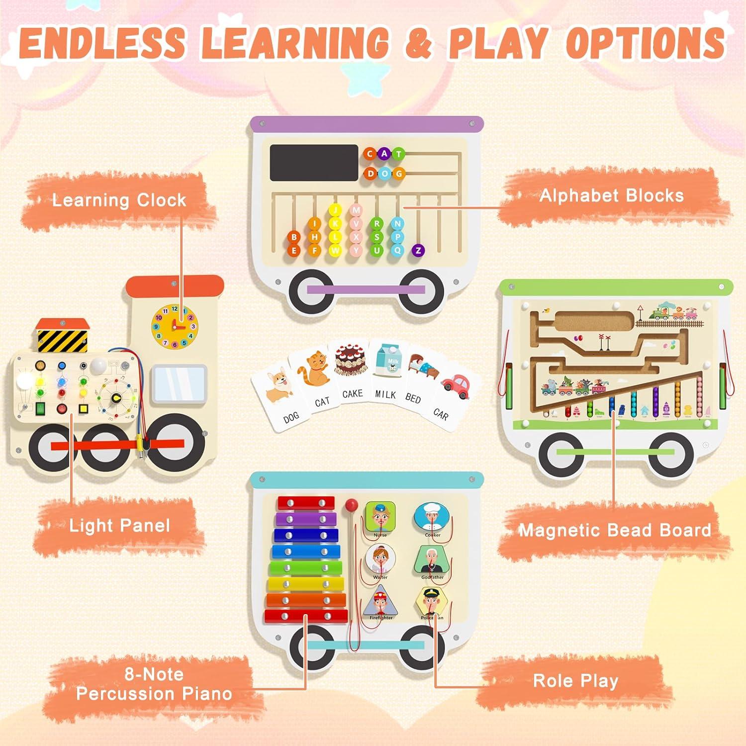 Tablero Sensorial Montessori Spacocld con Tren Eléctrico 133.6x31 cm