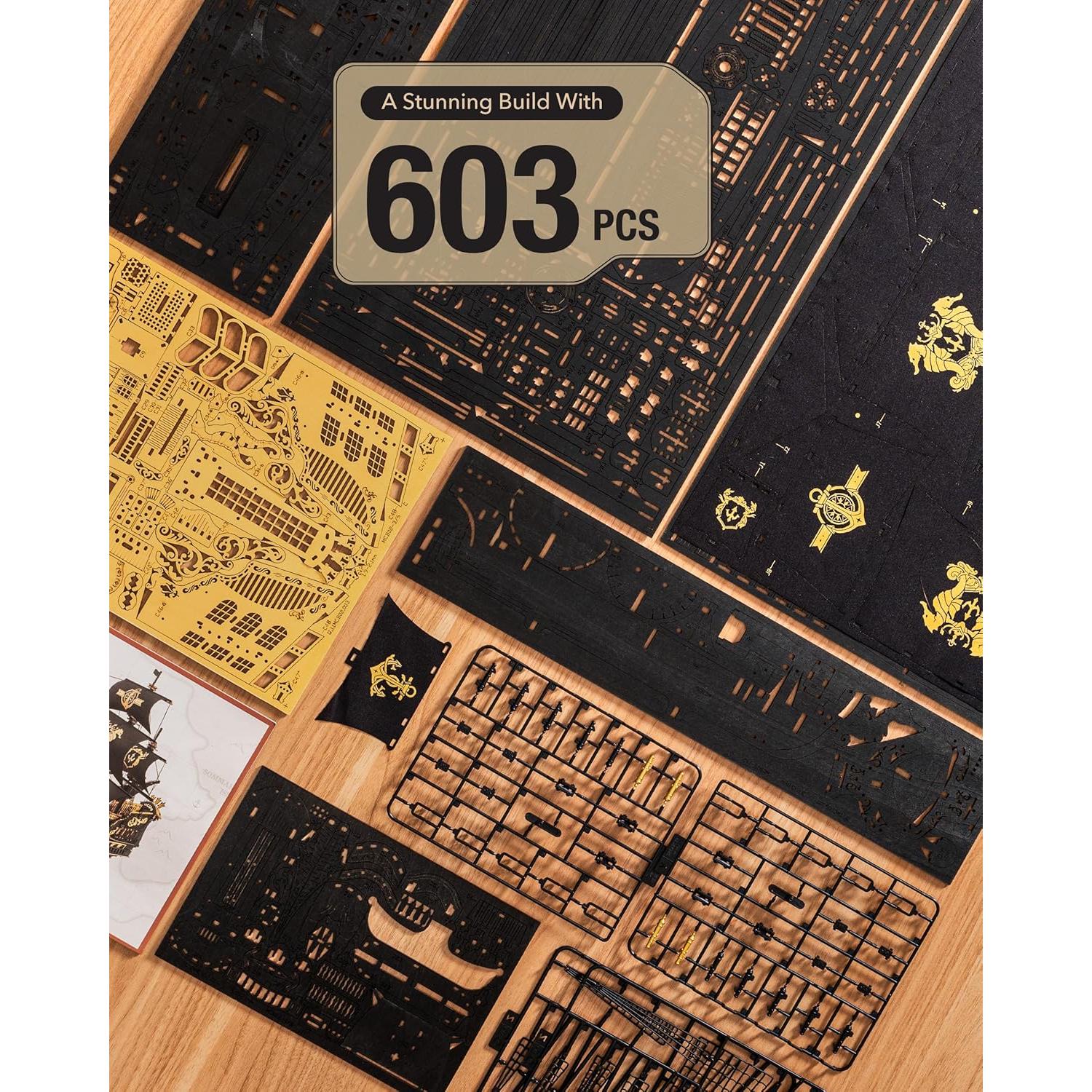 Rompecabezas 3D de Madera ROBOTIME Barco Pirata Negro 603 Pcs