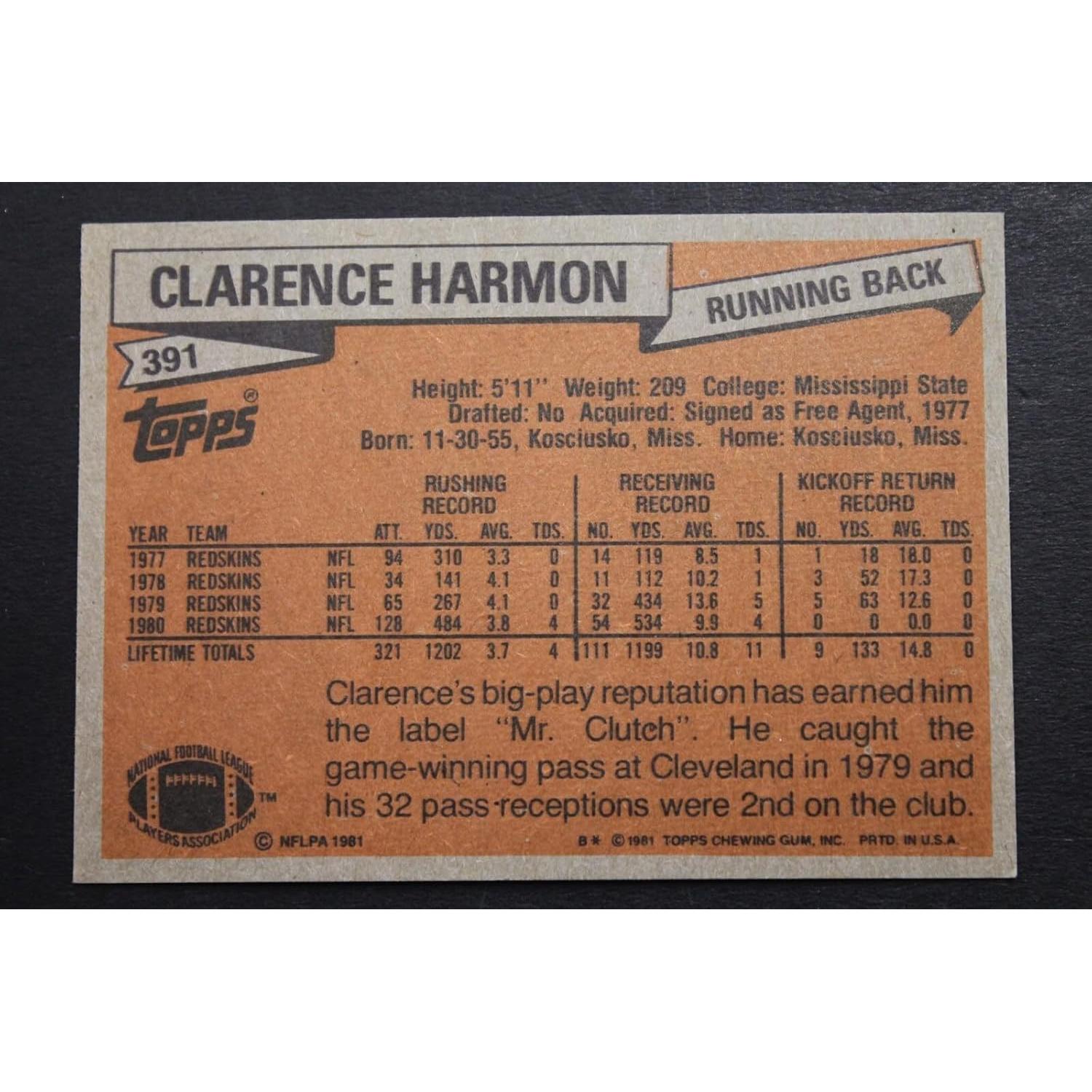 Tarjeta de Fútbol Americano Firmada Clarence Harmon 1981