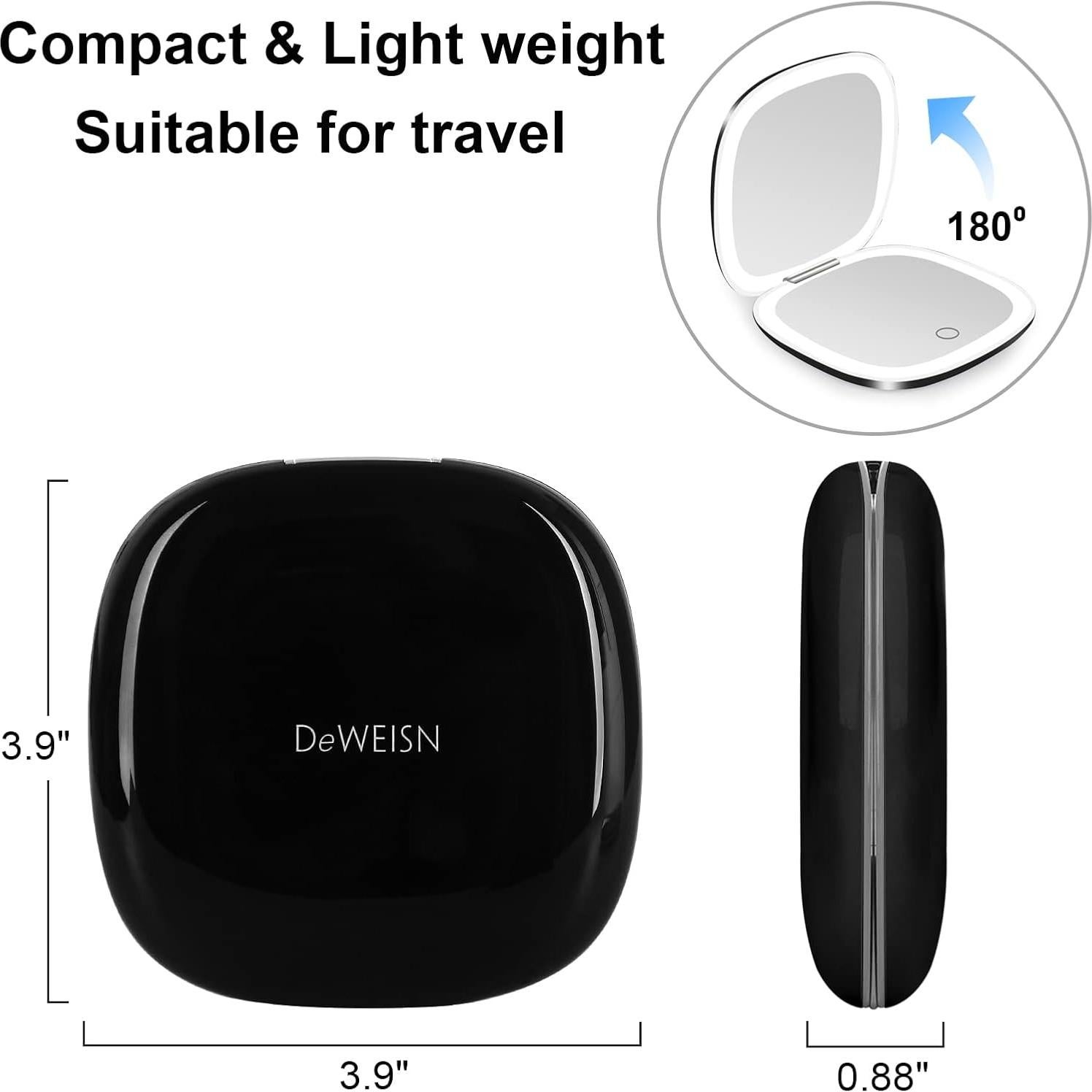 Espejo Compacto de Maquillaje Iluminado Deweisn 1X/10X USB Negro
