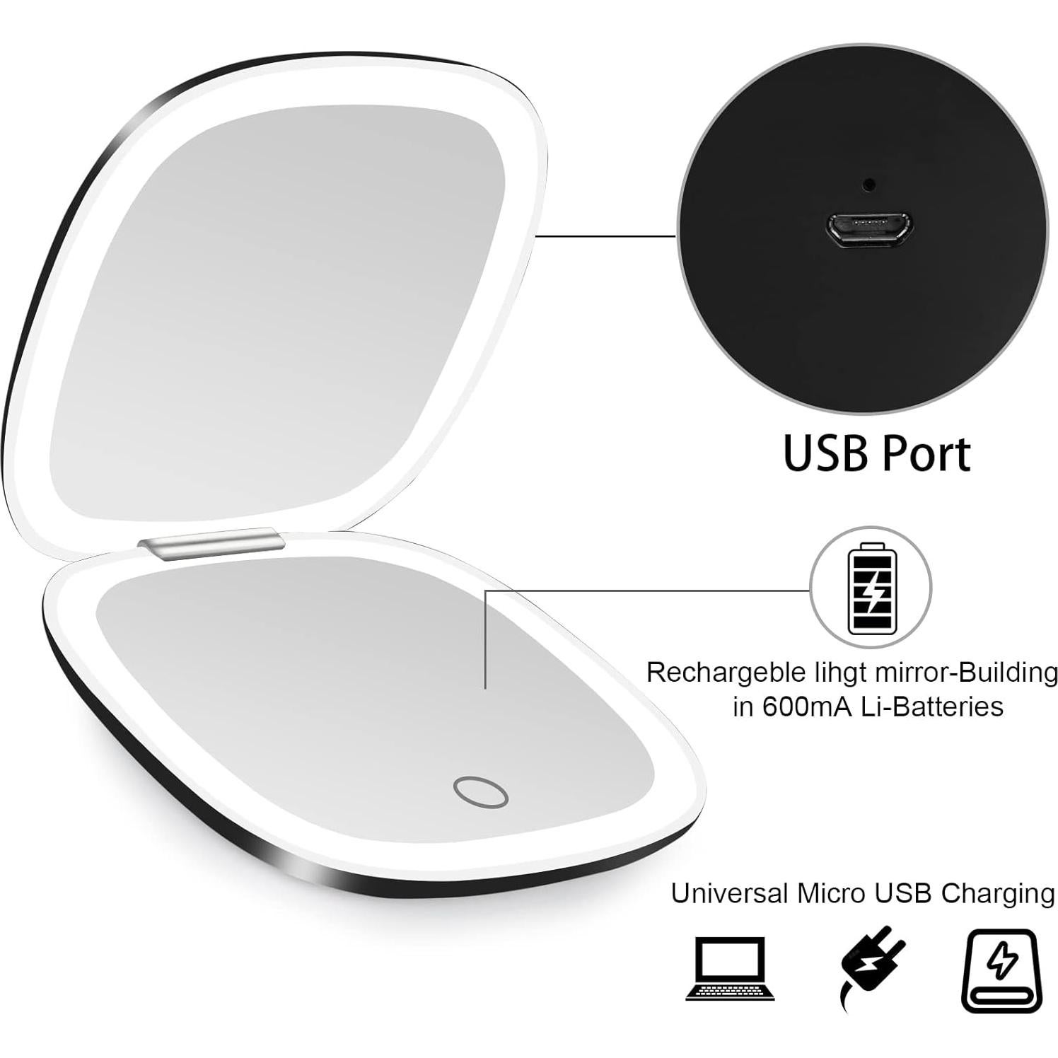 Espejo Compacto de Maquillaje Iluminado Deweisn 1X/10X USB Negro
