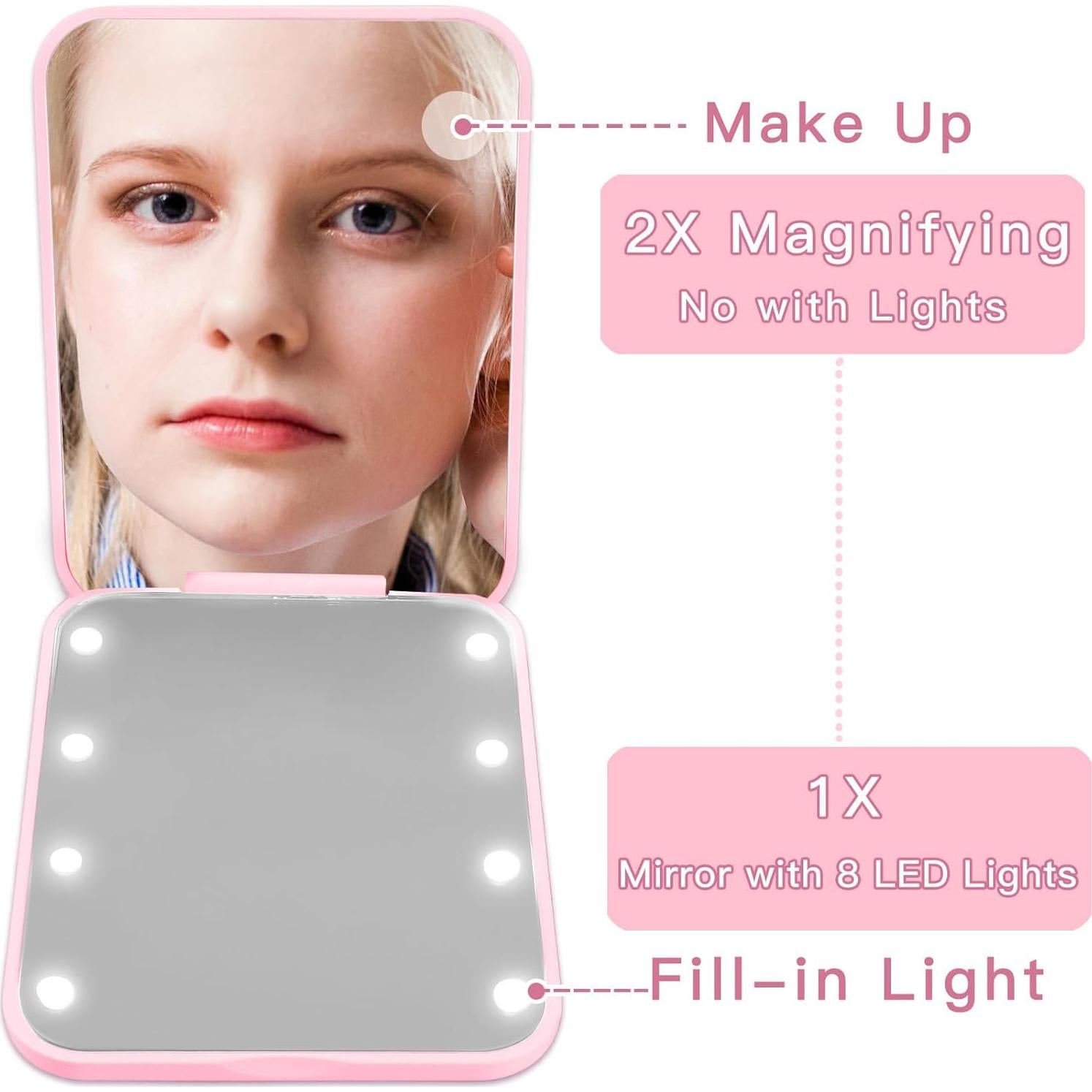 Espejo Compacto Plegable Aganmi Rosa 1X/2X con Luces LED