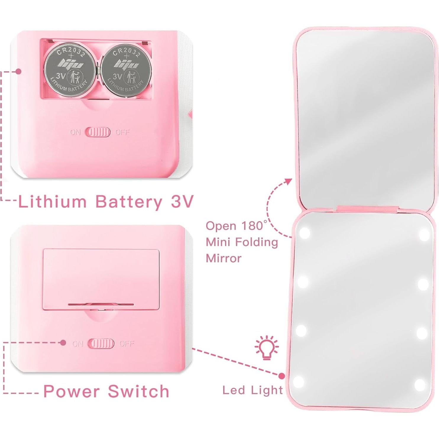 Espejo Compacto Plegable Aganmi Rosa 1X/2X con Luces LED