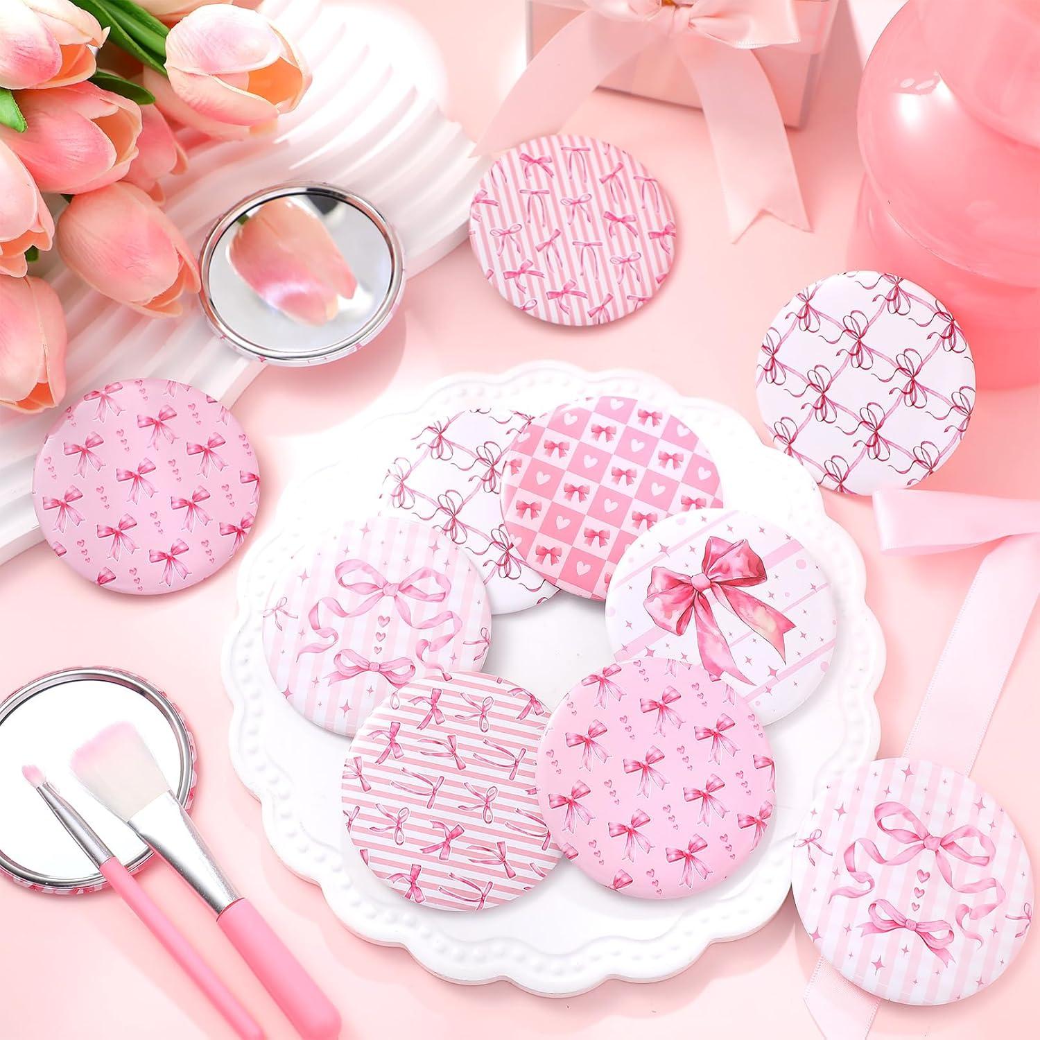 Set de 12 Espejos Compactos Rosa Geelin - Lazo Coquette 7cm