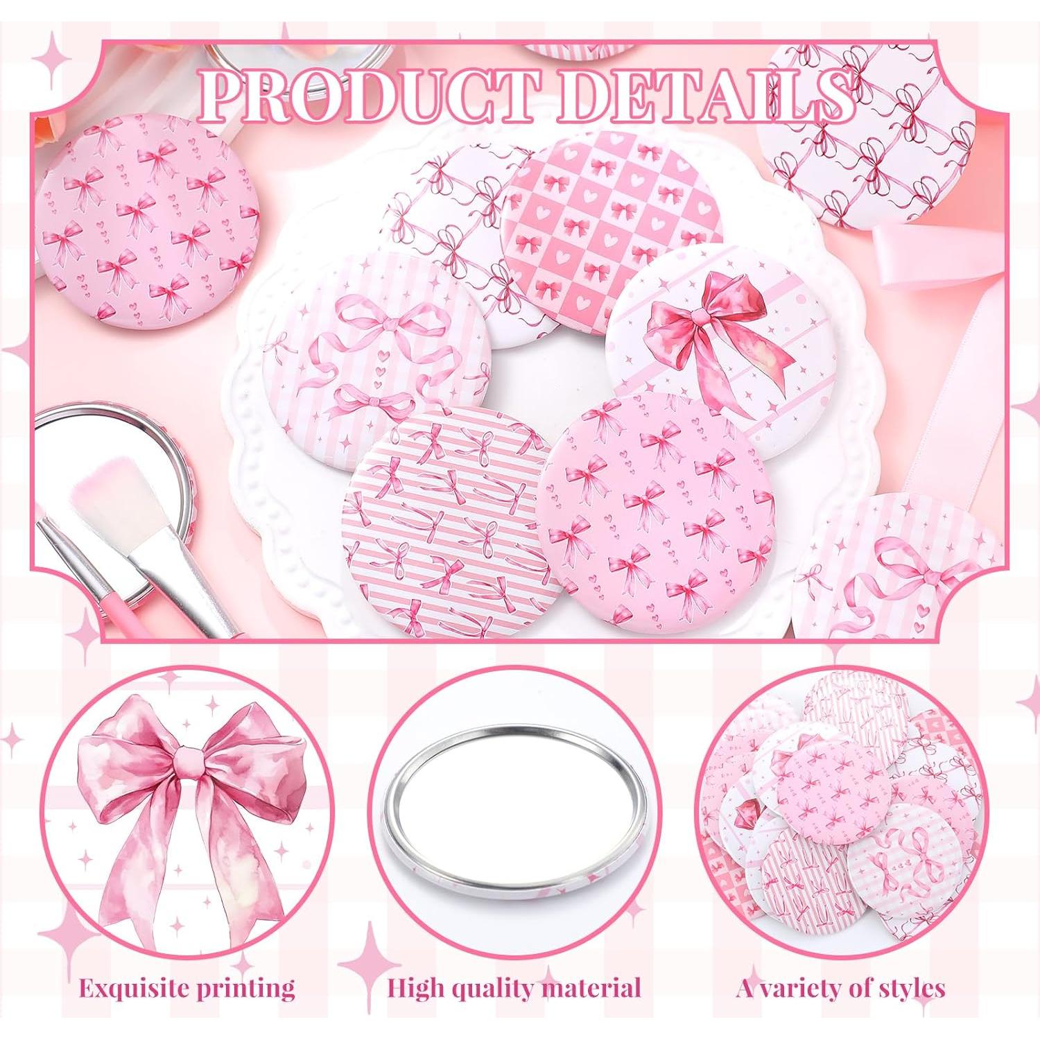 Set de 12 Espejos Compactos Rosa Geelin - Lazo Coquette 7cm
