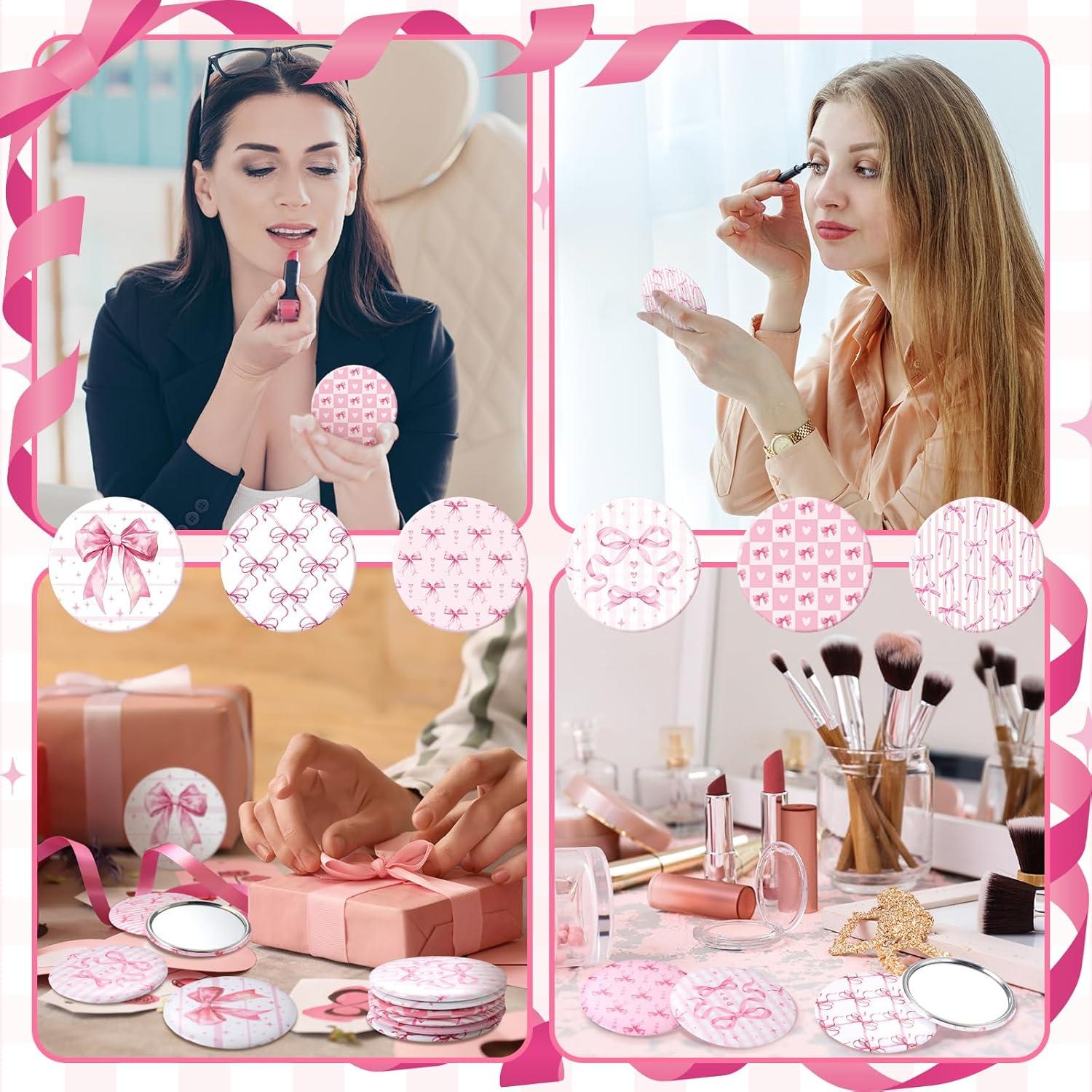 Set de 12 Espejos Compactos Rosa Geelin - Lazo Coquette 7cm