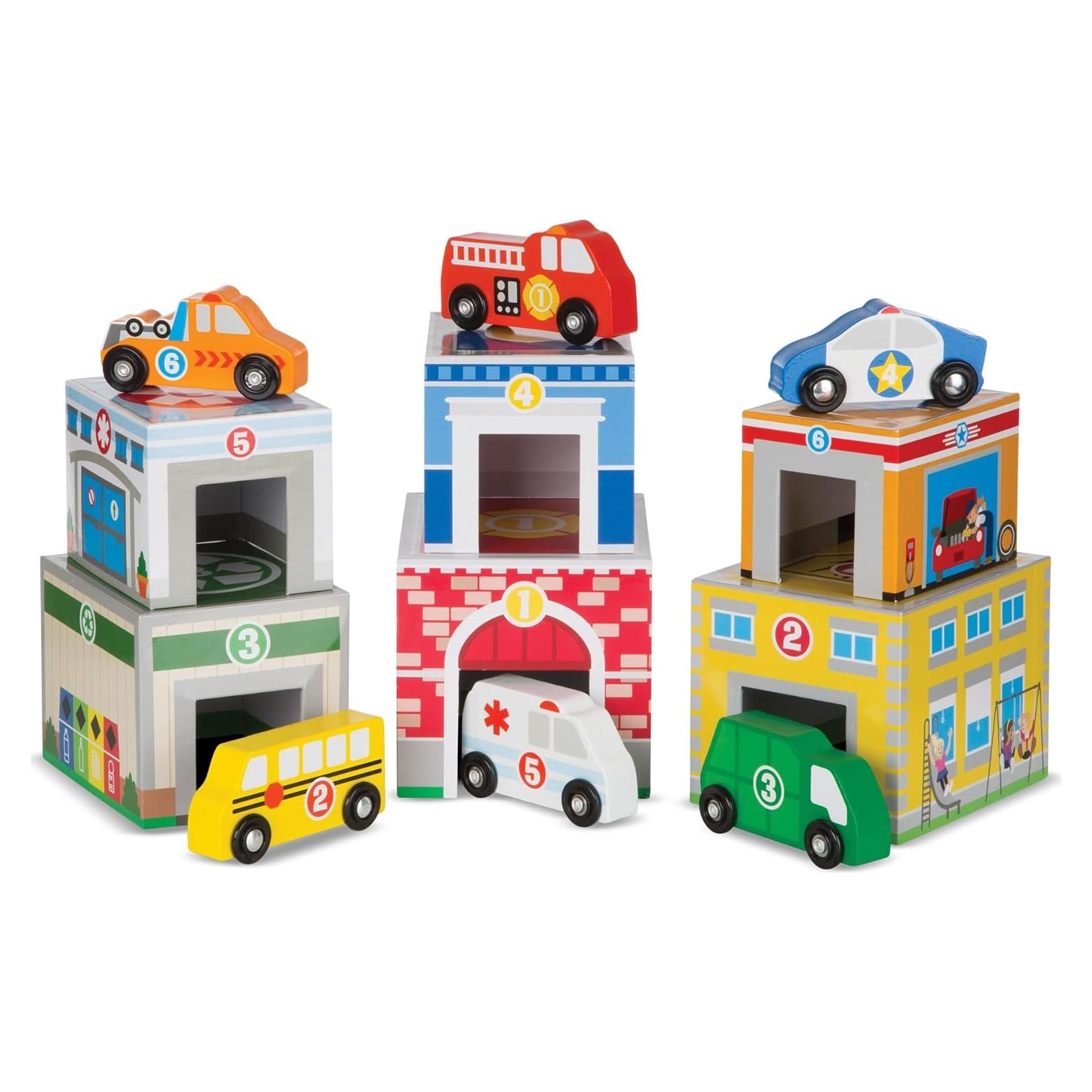 Bloques Anidados Melissa y Doug - 6 Edificios y Vehículos de Madera