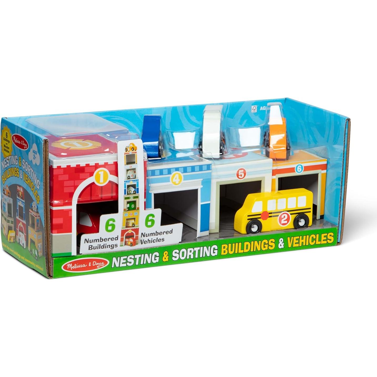 Bloques Anidados Melissa y Doug - 6 Edificios y Vehículos de Madera