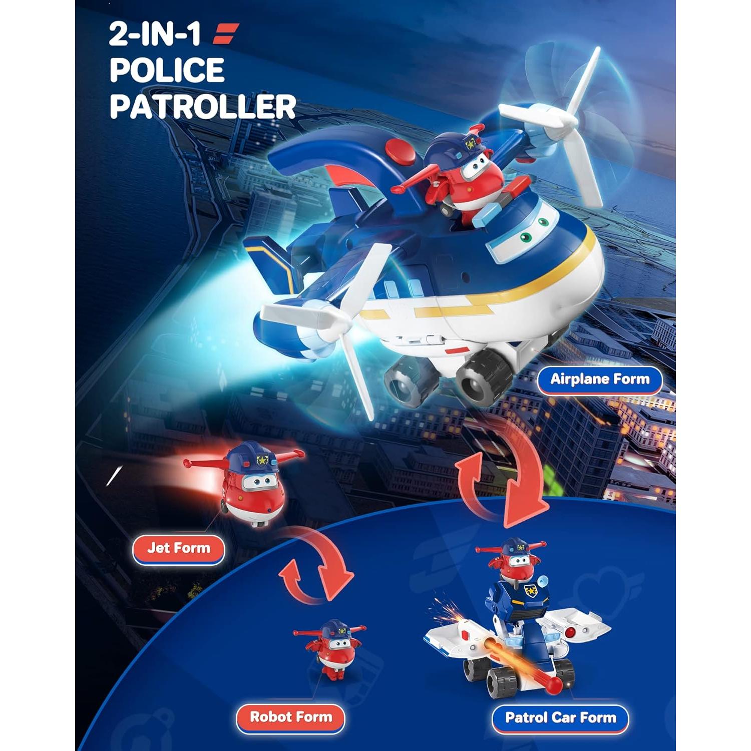 Juguete Transformador Super Wings Jett 2 en 1 - Avión y Coche Patrulla