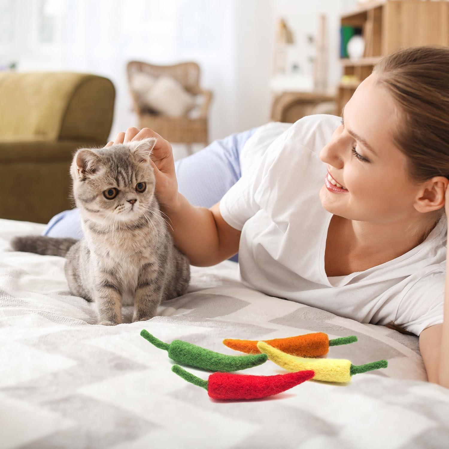 Set de Juguetes Interactivos para Gato Glaciart One - 4 Pcs de Pimientos de Lana con Hierba Gatera