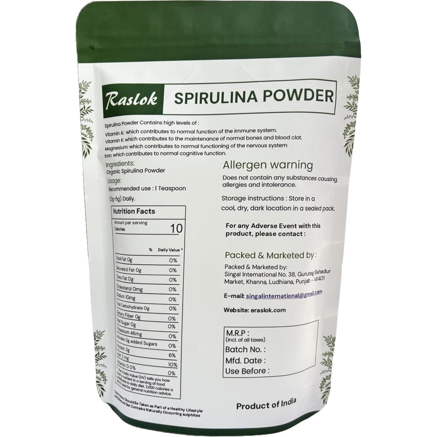 Polvo de Espirulina Pura Raslok 100g - Antioxidante y Vegano
