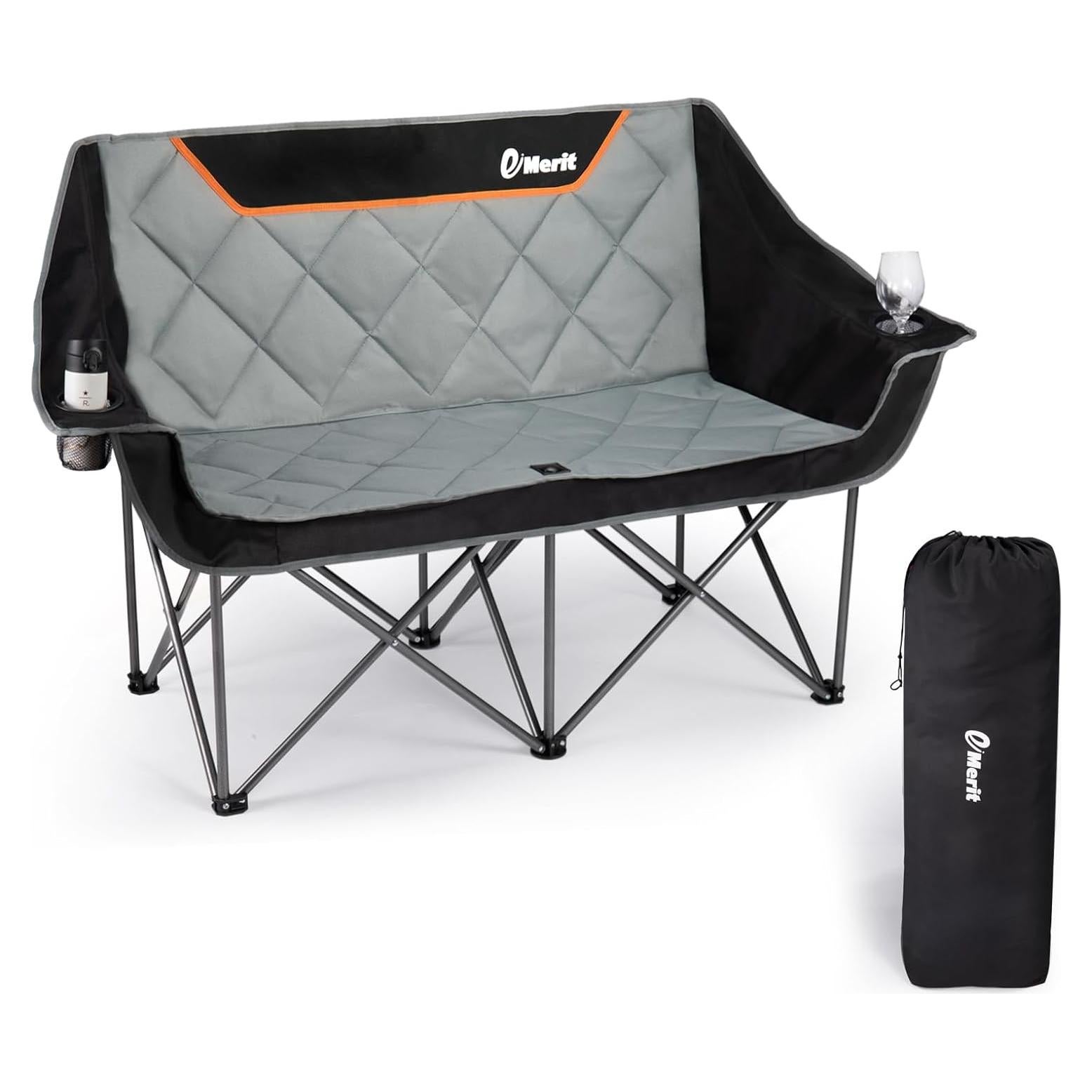 EMERIT Oversized Double Duo Camping Chair Folding Camping Loveseat 2 Person Camping Couch Heavy Duty Lawn Chairs for Outside with Padded Seats & Armrests-Support 650LBS