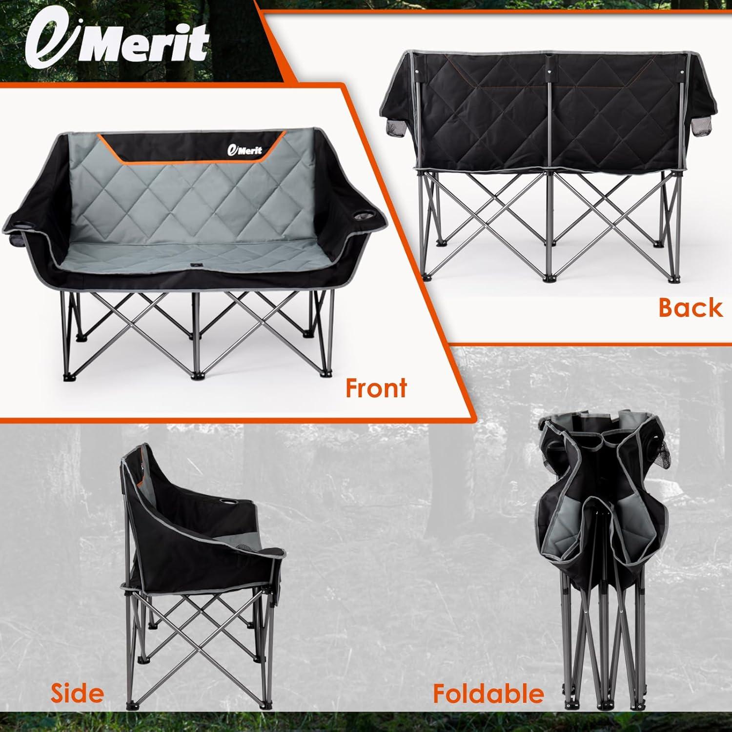 EMERIT Oversized Double Duo Camping Chair Folding Camping Loveseat 2 Person Camping Couch Heavy Duty Lawn Chairs for Outside with Padded Seats & Armrests-Support 650LBS
