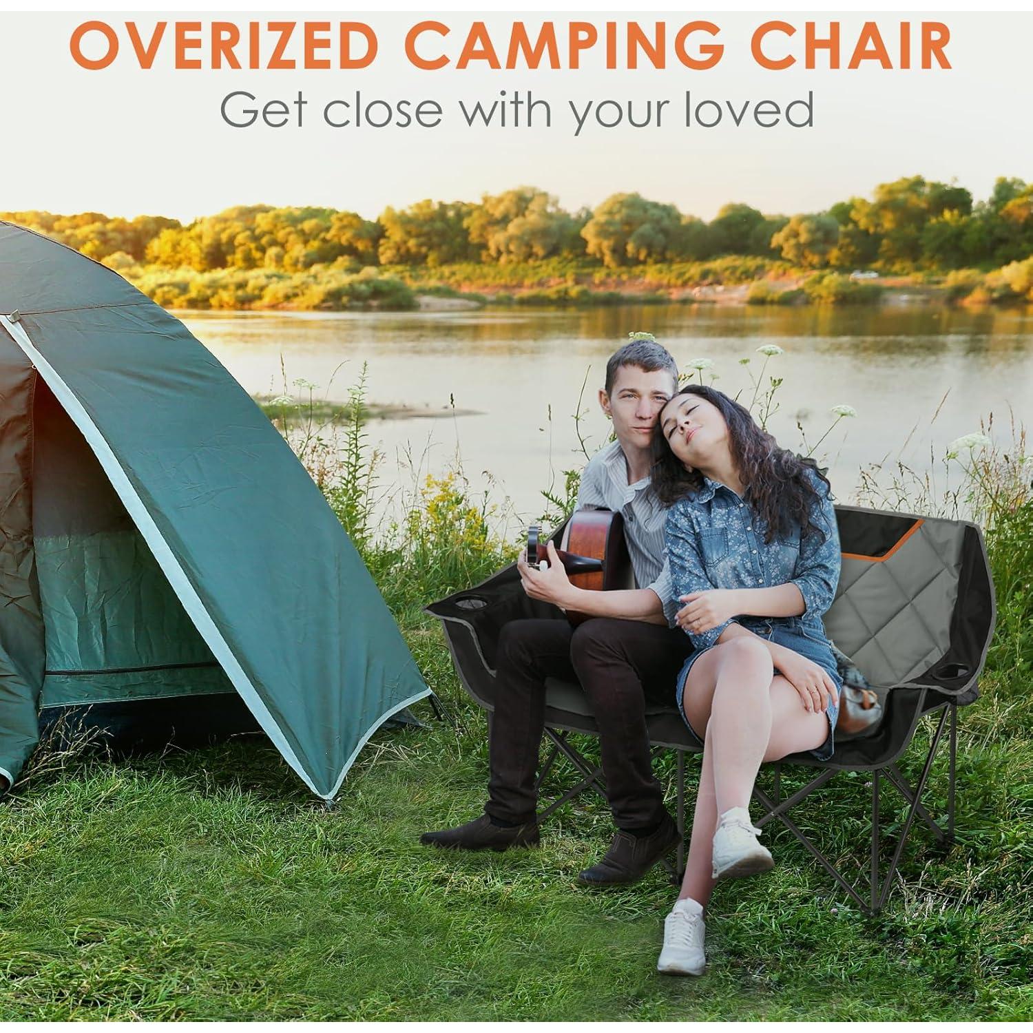 EMERIT Oversized Double Duo Camping Chair Folding Camping Loveseat 2 Person Camping Couch Heavy Duty Lawn Chairs for Outside with Padded Seats & Armrests-Support 650LBS