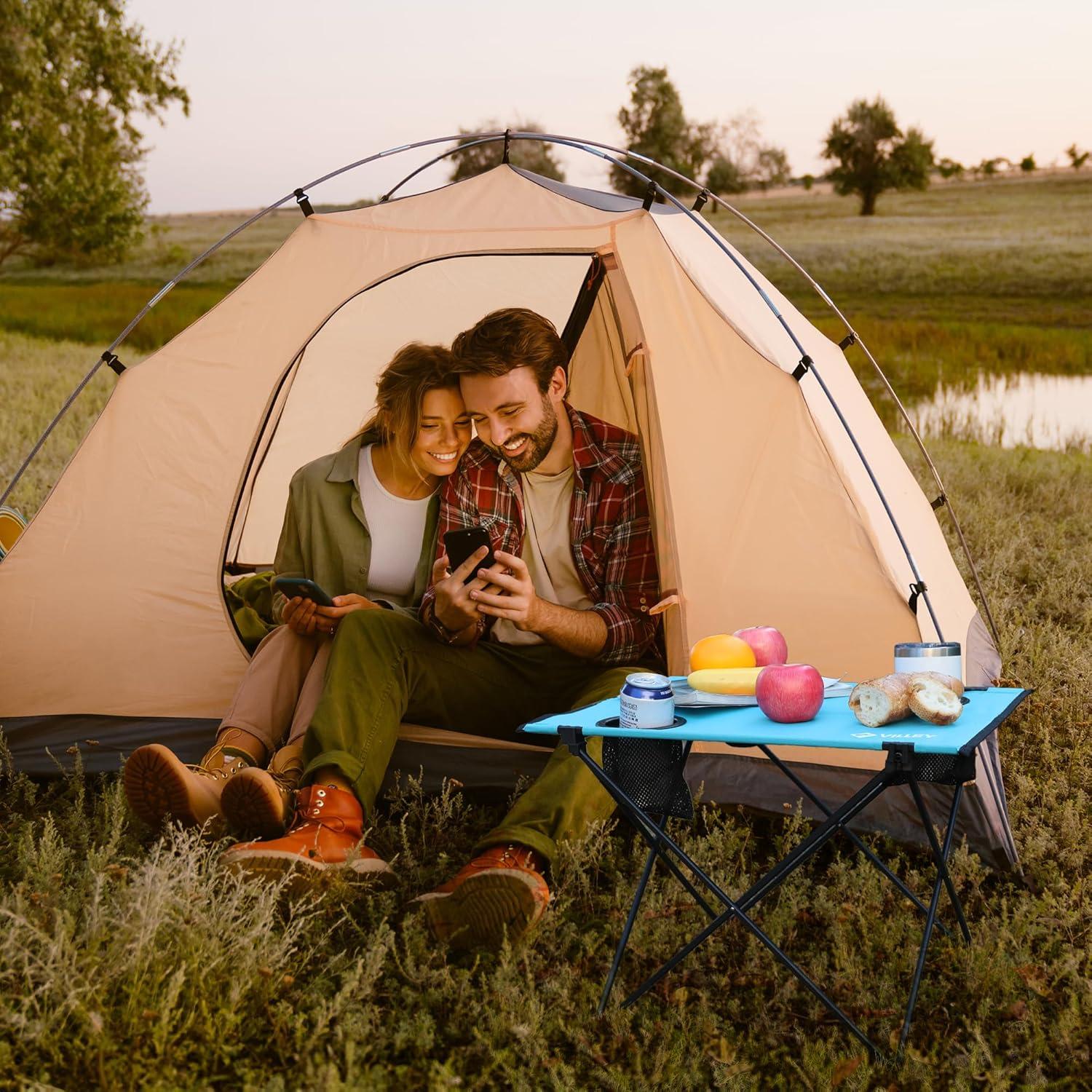 Mesa de Camping Plegable VILLEY Azul 55.4x42 cm con 2 Portavasos