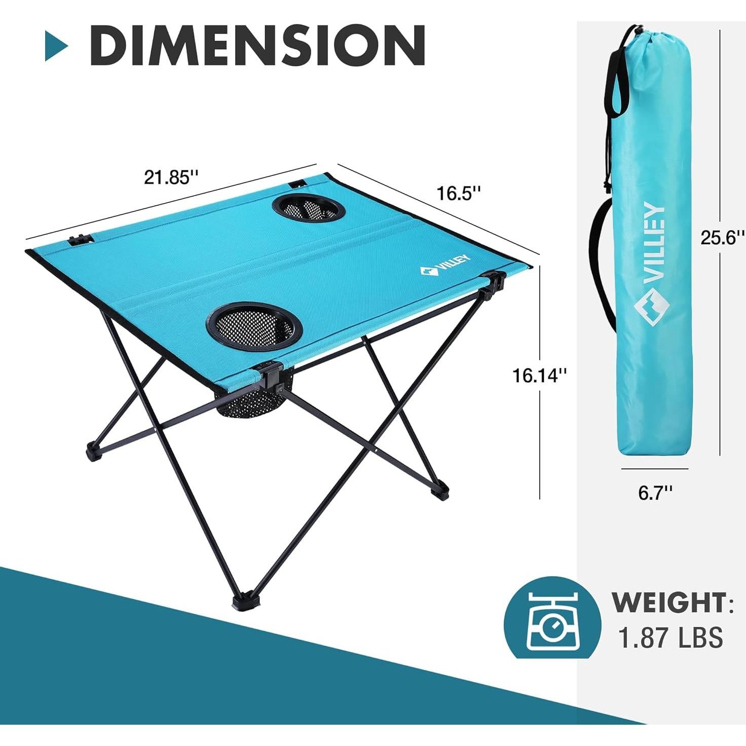 Mesa de Camping Plegable VILLEY Azul 55.4x42 cm con 2 Portavasos
