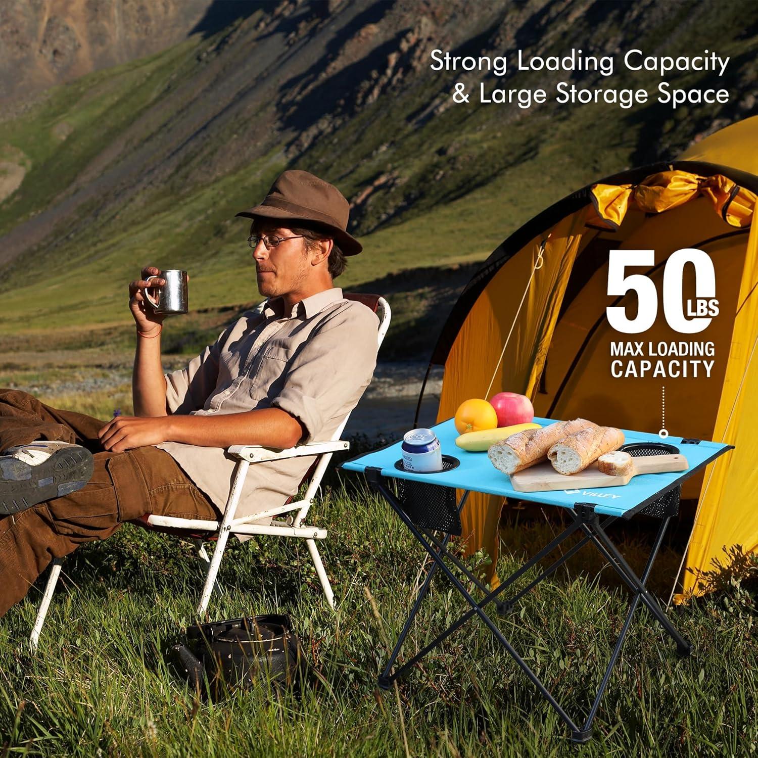 Mesa de Camping Plegable VILLEY Azul 55.4x42 cm con 2 Portavasos