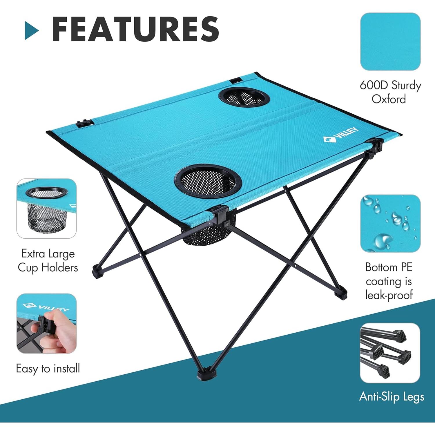 Mesa de Camping Plegable VILLEY Azul 55.4x42 cm con 2 Portavasos