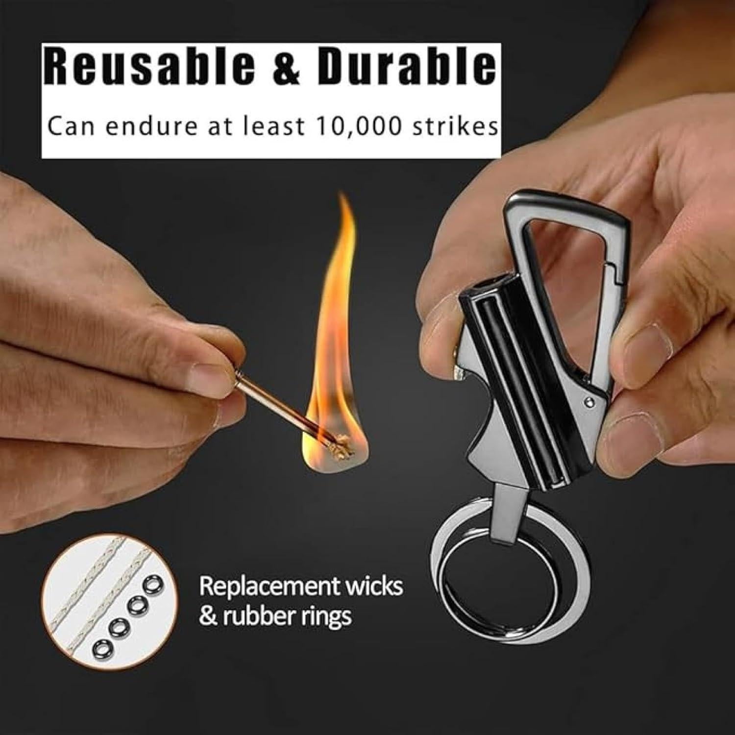Keychain Lighter with Eternal Match, Windproof & Waterproof, Reusable Portable Butane-Free Multitool, Includes Bottle Opener, for Camping, Hiking, Outdoor Survival, Gift Box Included (Black)
