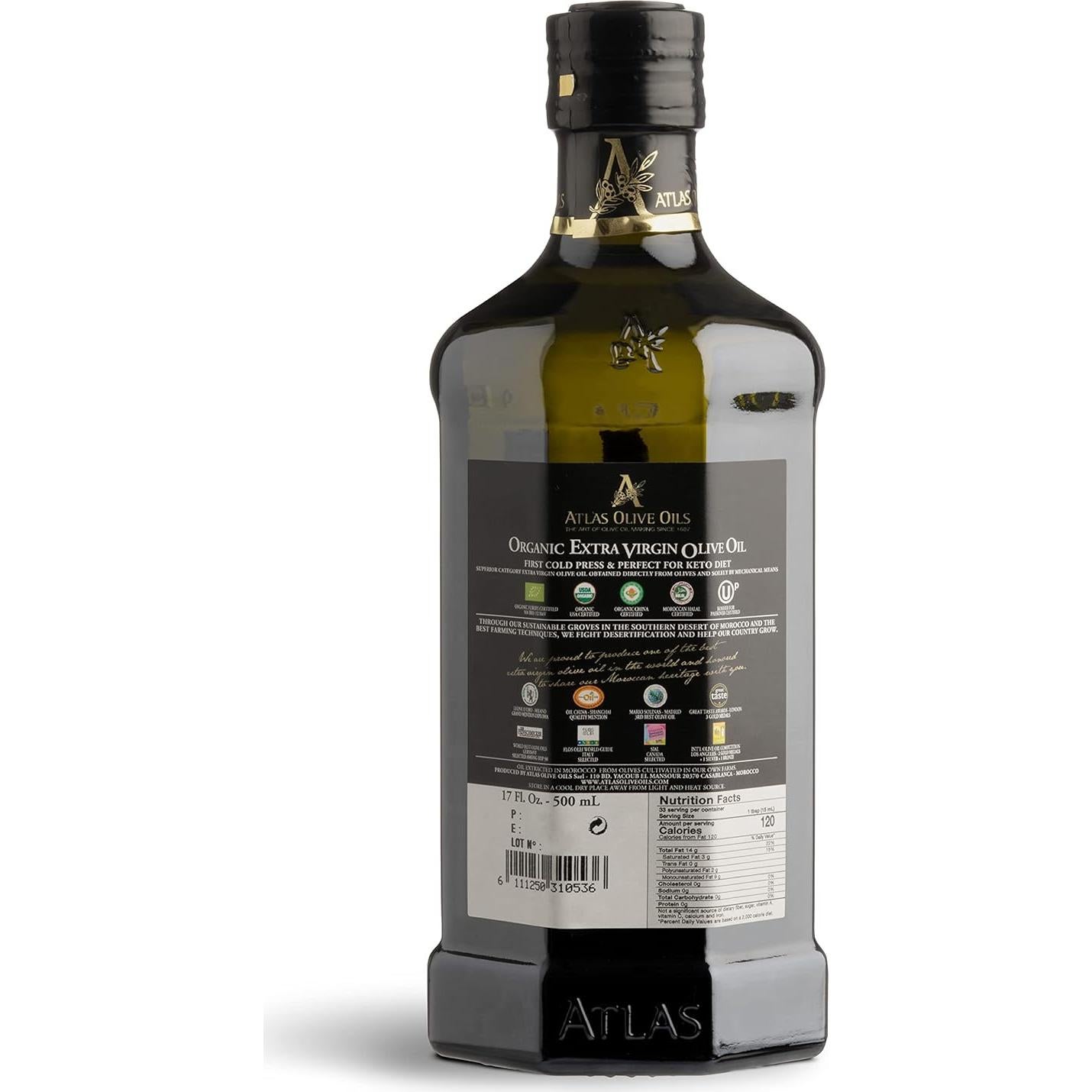 Aceite de Oliva Extra Virgen Orgánico Atlas 500 mL Prensado en Frío