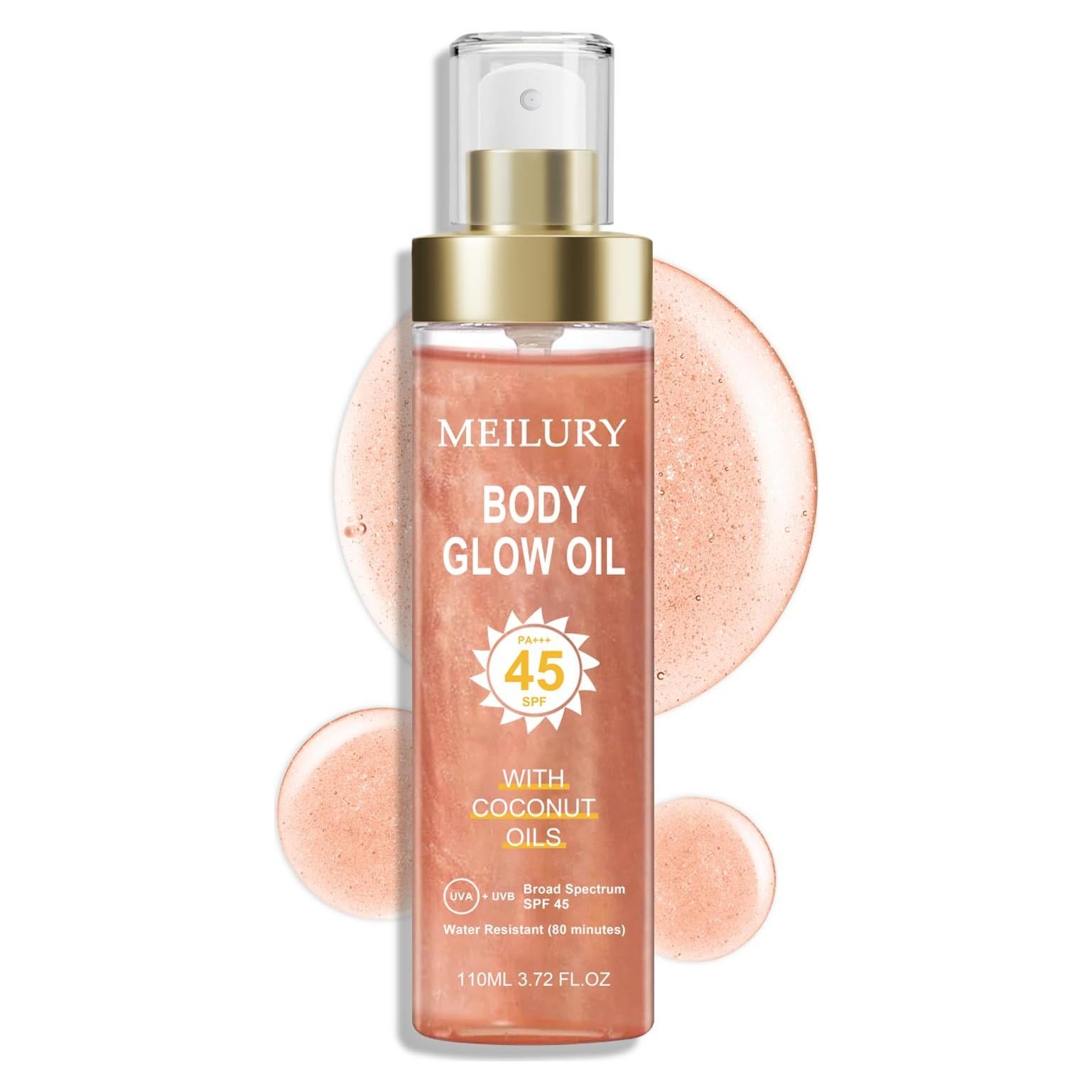 Aceite Brillante Corporal Meilury SPF 45 con Mica Rosa 109.8 ml