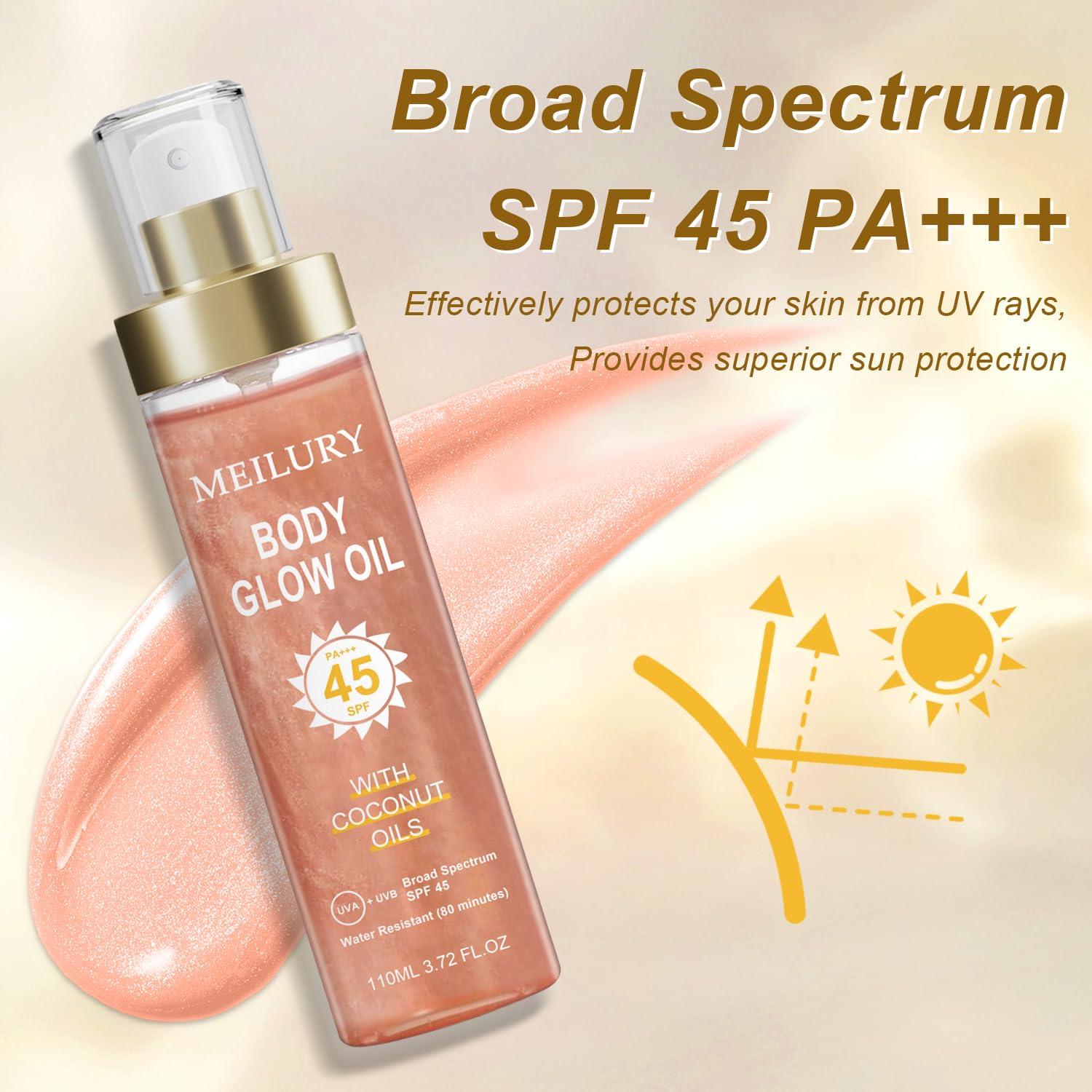 Aceite Brillante Corporal Meilury SPF 45 con Mica Rosa 109.8 ml