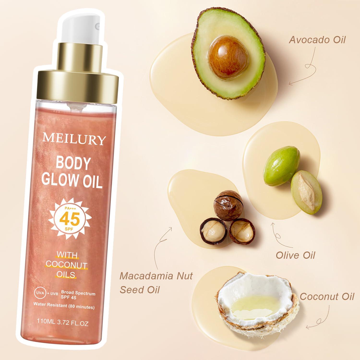 Aceite Brillante Corporal Meilury SPF 45 con Mica Rosa 109.8 ml