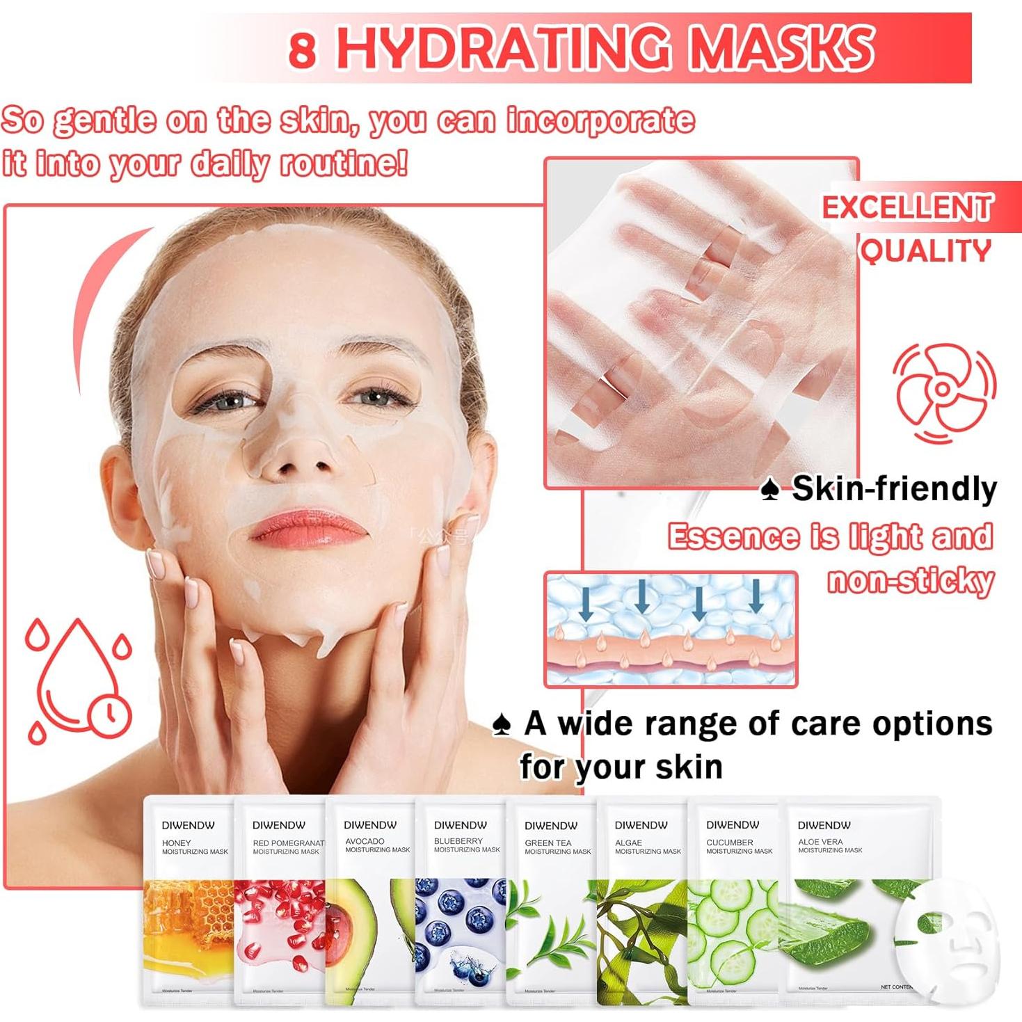 Set 8 Mascarillas Faciales Hidratantes DWDiWen - Todos Tipos de Piel